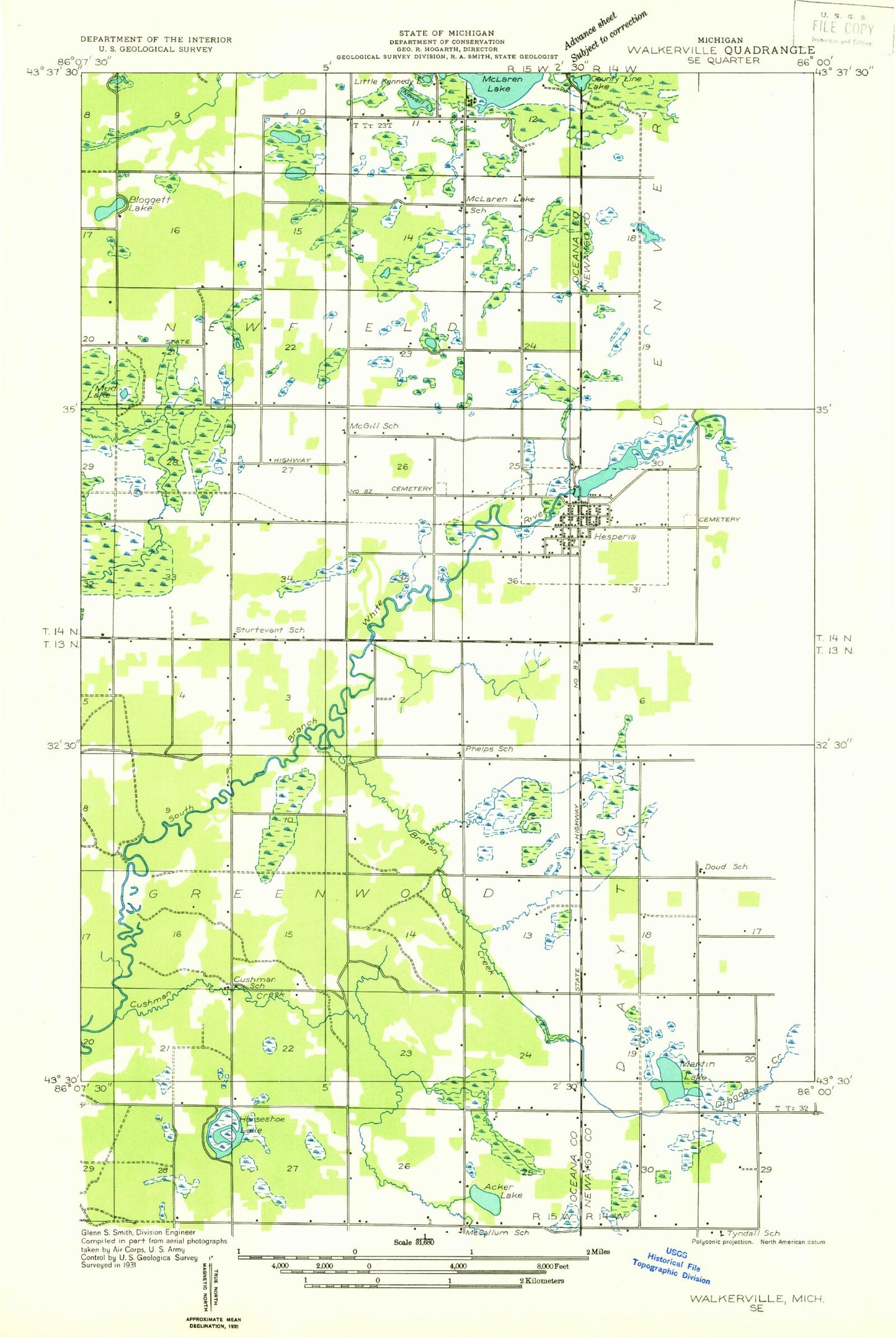 Classic USGS Hesperia Michigan 7.5'x7.5' Topo Map Image