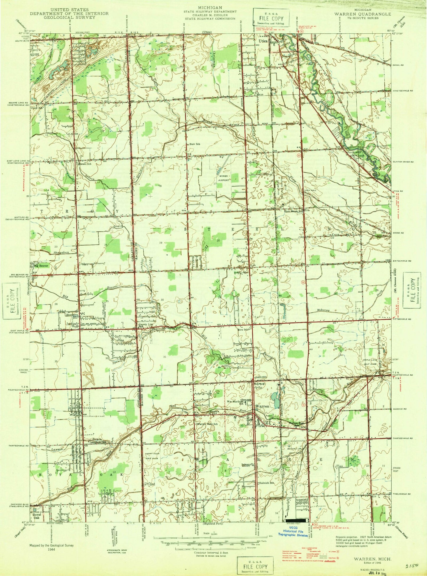 Classic USGS Warren Michigan 7.5'x7.5' Topo Map Image