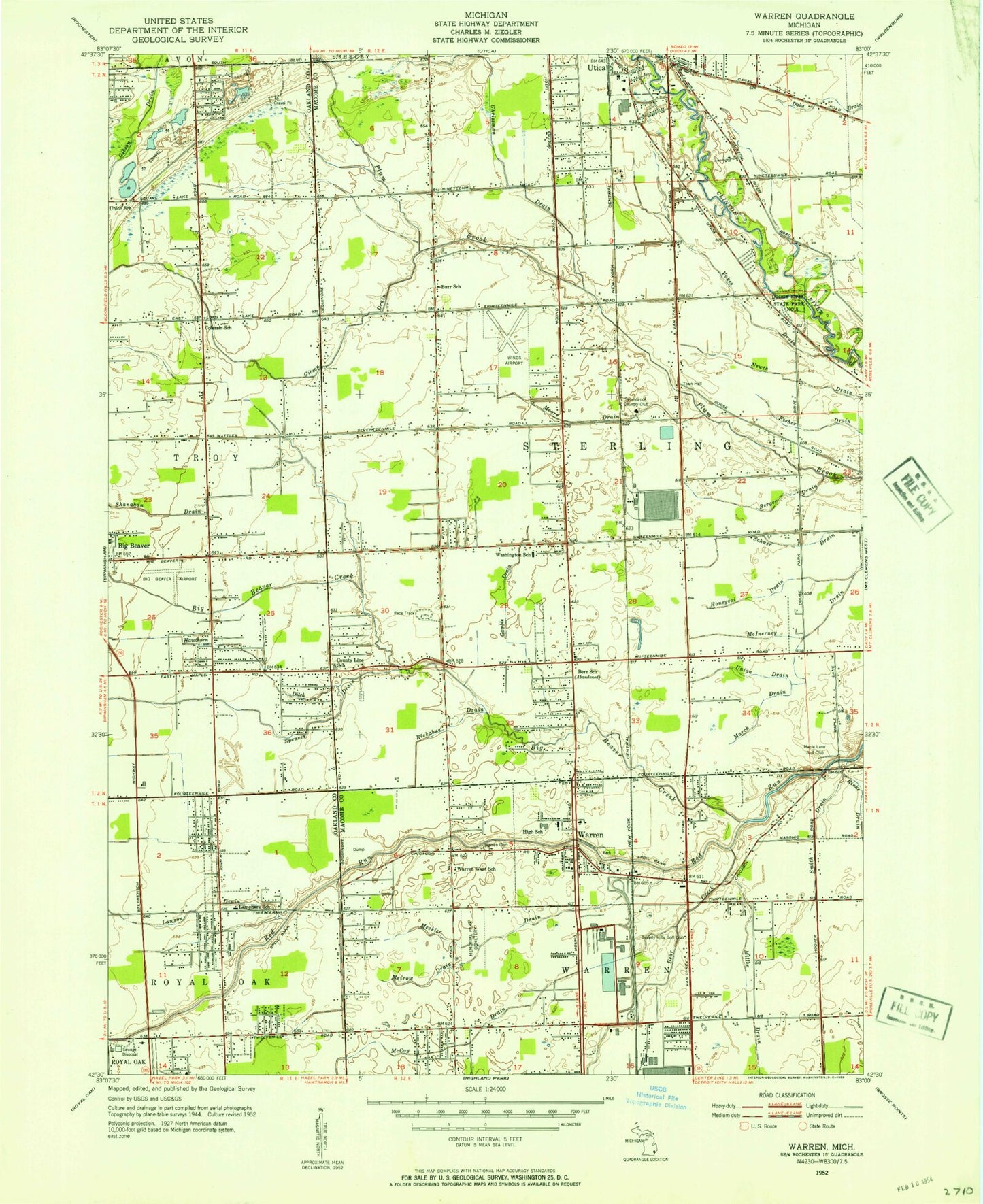 Classic USGS Warren Michigan 7.5'x7.5' Topo Map Image