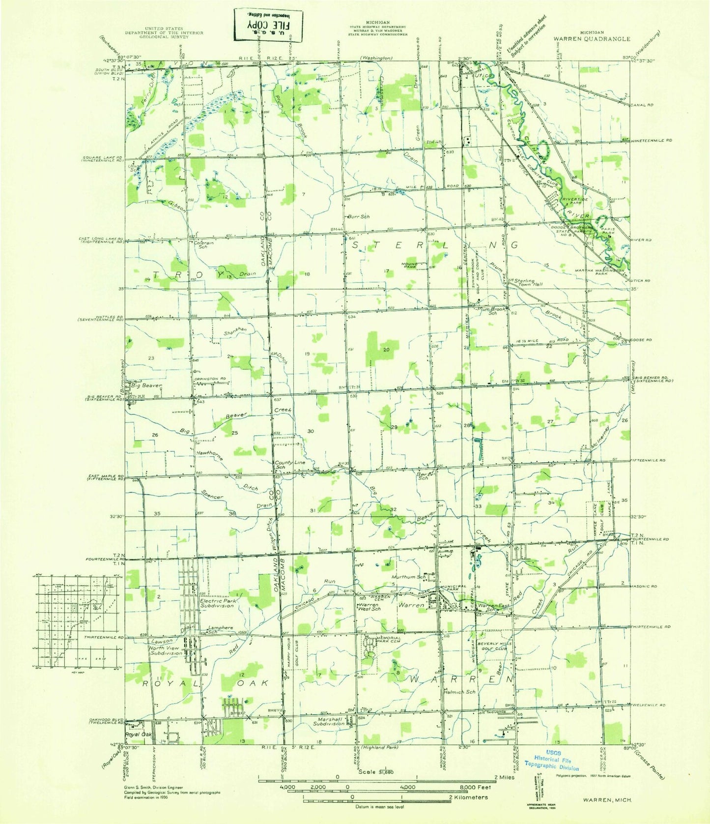 Classic USGS Warren Michigan 7.5'x7.5' Topo Map Image
