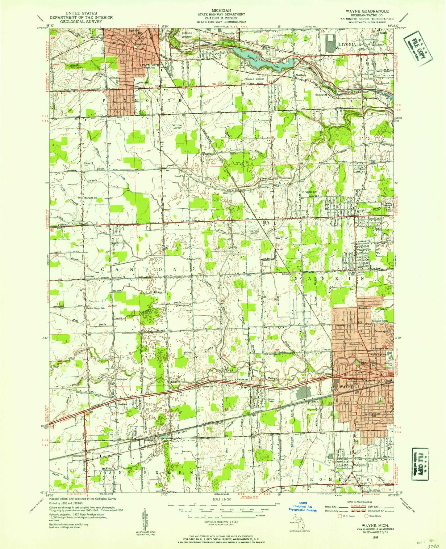 Classic USGS Wayne Michigan 7.5'x7.5' Topo Map Image