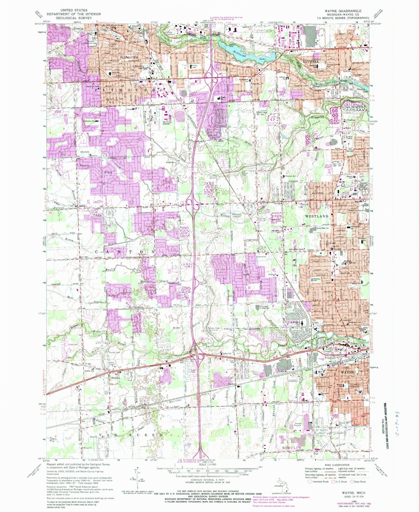 Classic USGS Wayne Michigan 7.5'x7.5' Topo Map Image