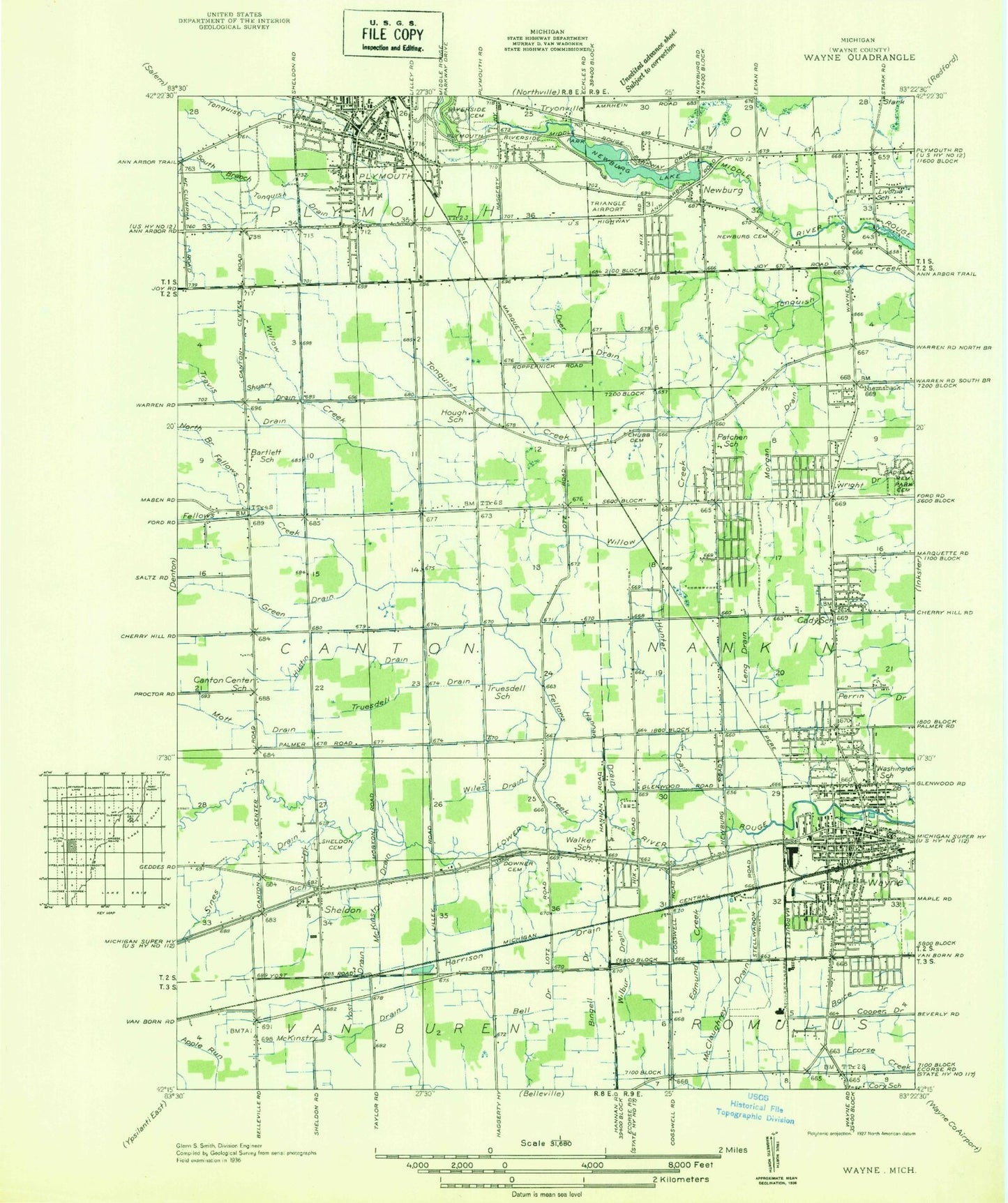 Classic USGS Wayne Michigan 7.5'x7.5' Topo Map Image