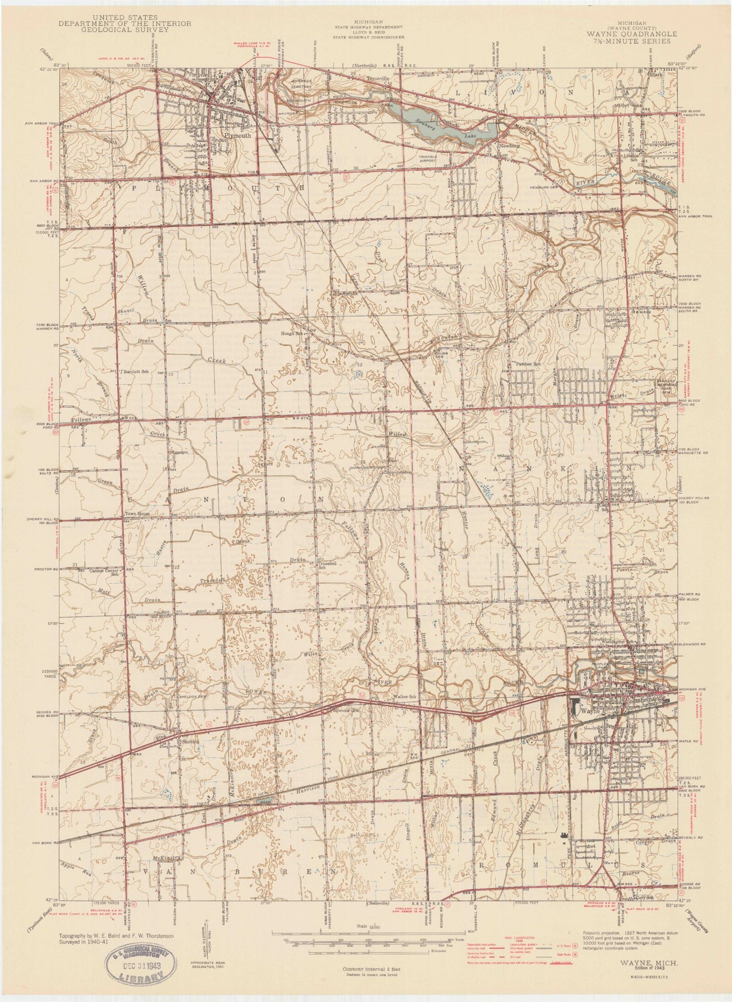 Classic USGS Wayne Michigan 7.5'x7.5' Topo Map Image