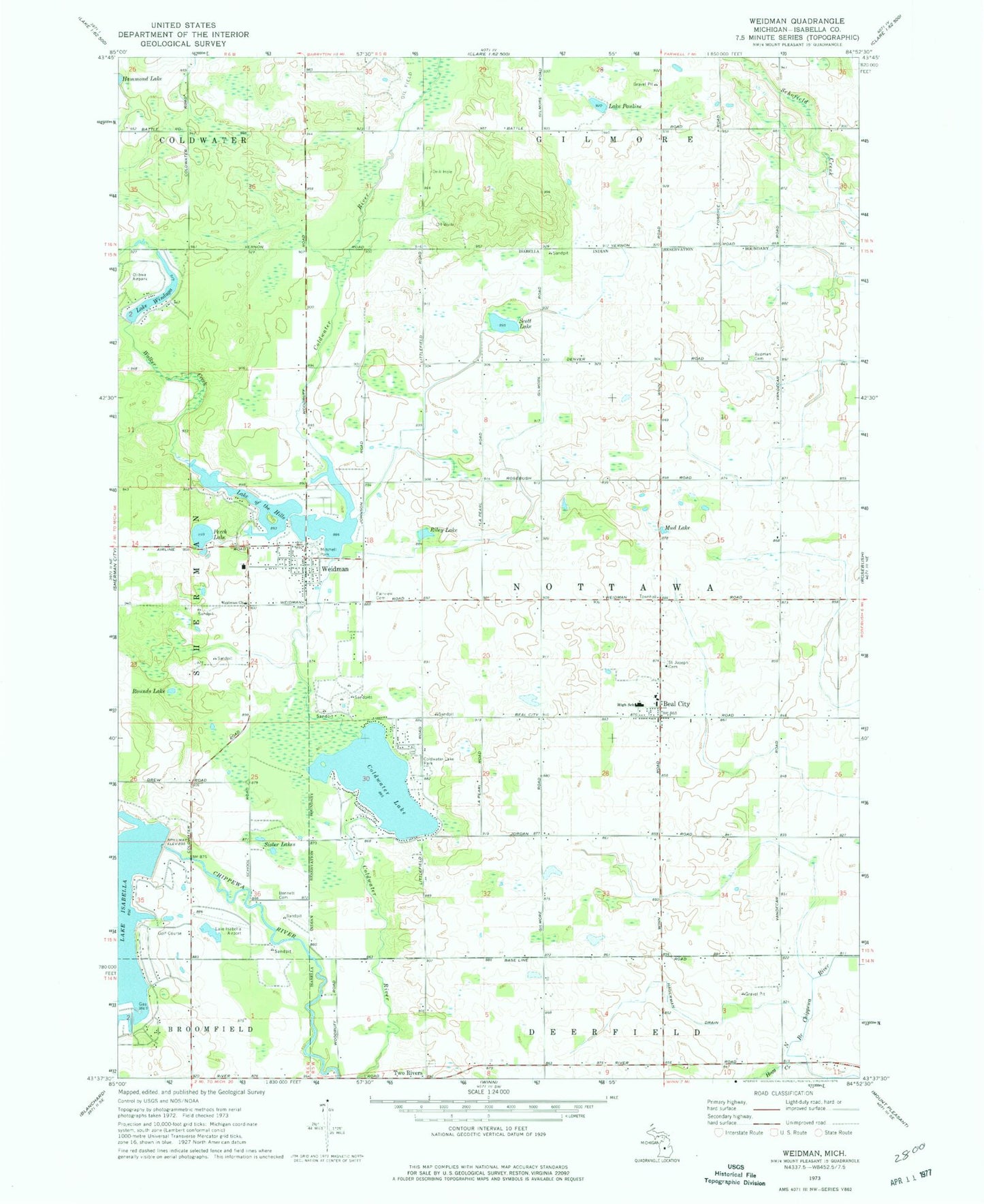Classic USGS Weidman Michigan 7.5'x7.5' Topo Map Image