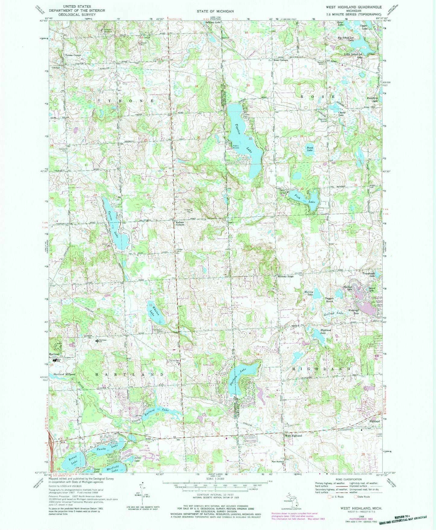 Classic USGS West Highland Michigan 7.5'x7.5' Topo Map Image