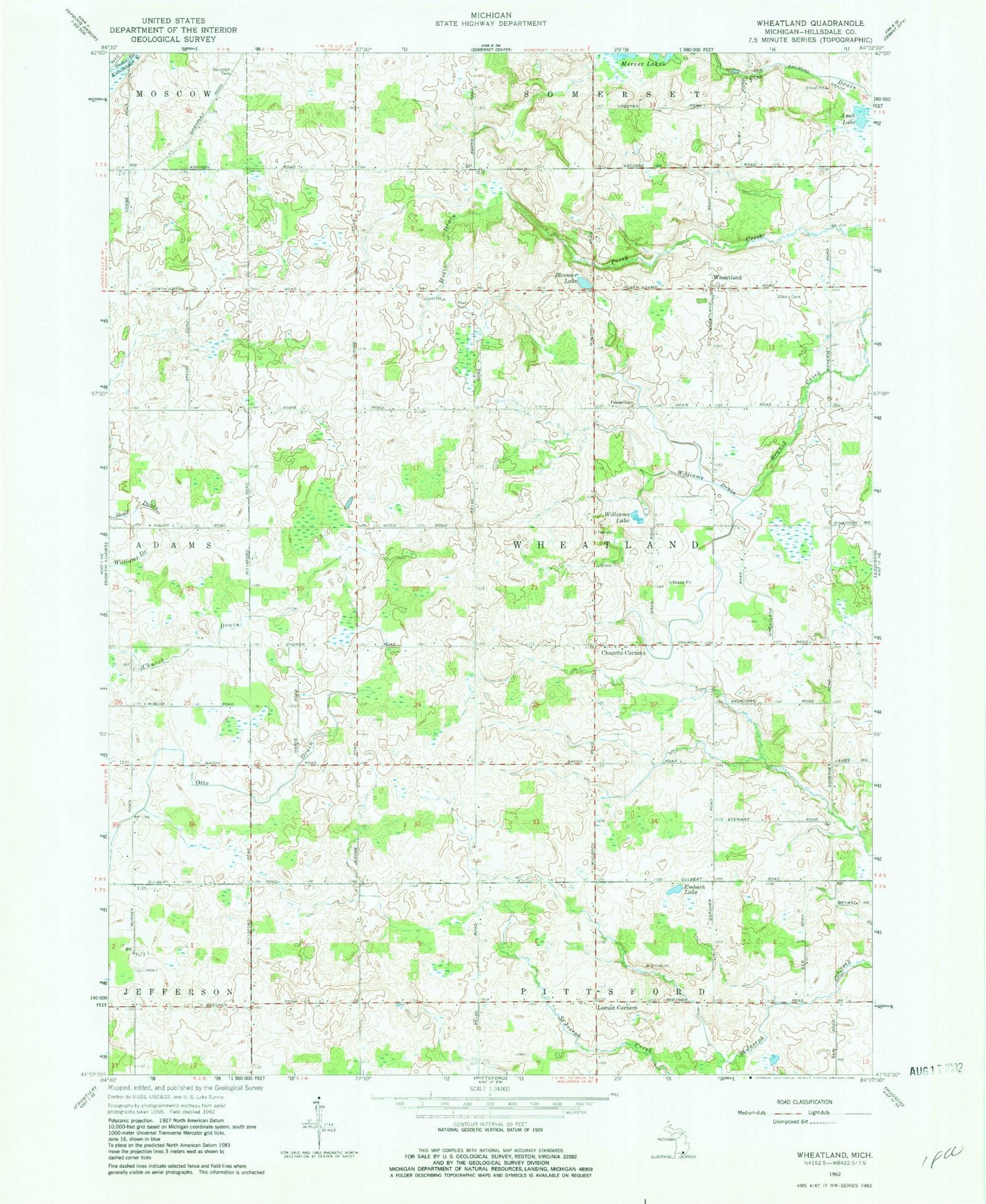 Classic USGS Wheatland Michigan 7.5'x7.5' Topo Map Image