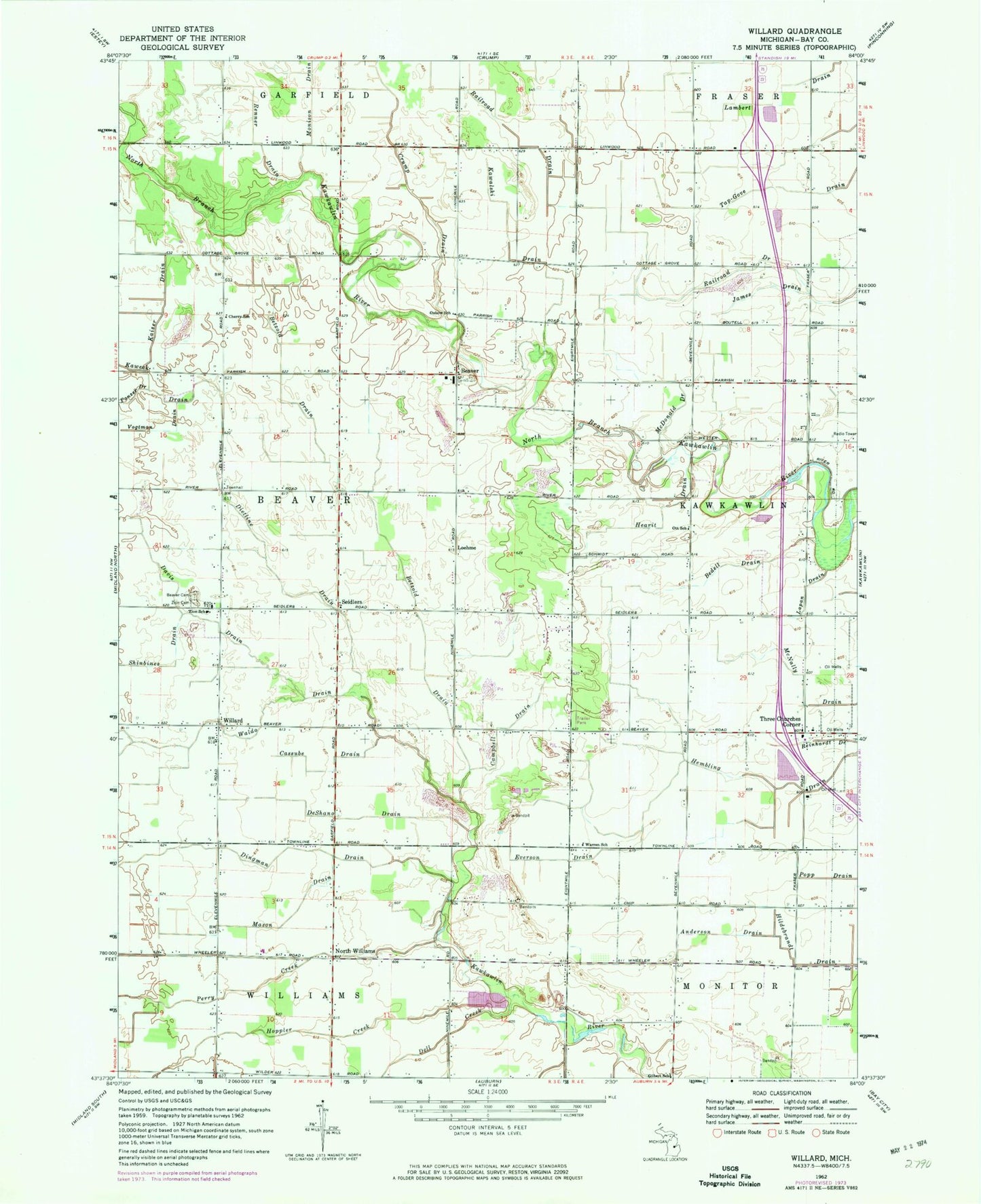 Classic USGS Willard Michigan 7.5'x7.5' Topo Map Image