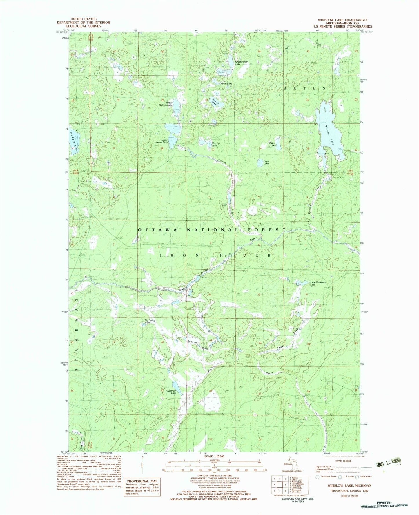 Classic USGS Winslow Lake Michigan 7.5'x7.5' Topo Map Image