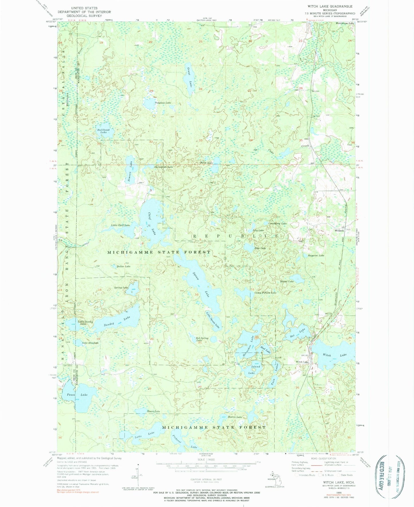 Classic USGS Witch Lake Michigan 7.5'x7.5' Topo Map Image