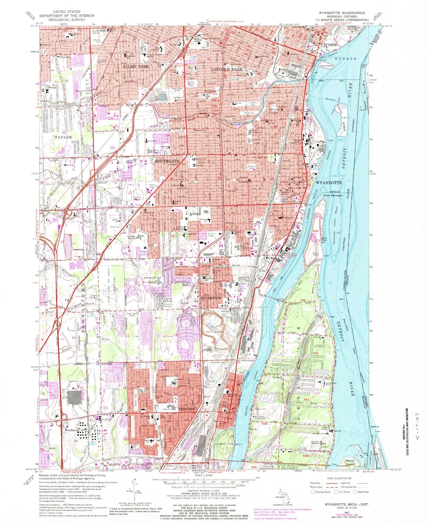 Classic USGS Wyandotte Michigan 7.5'x7.5' Topo Map Image