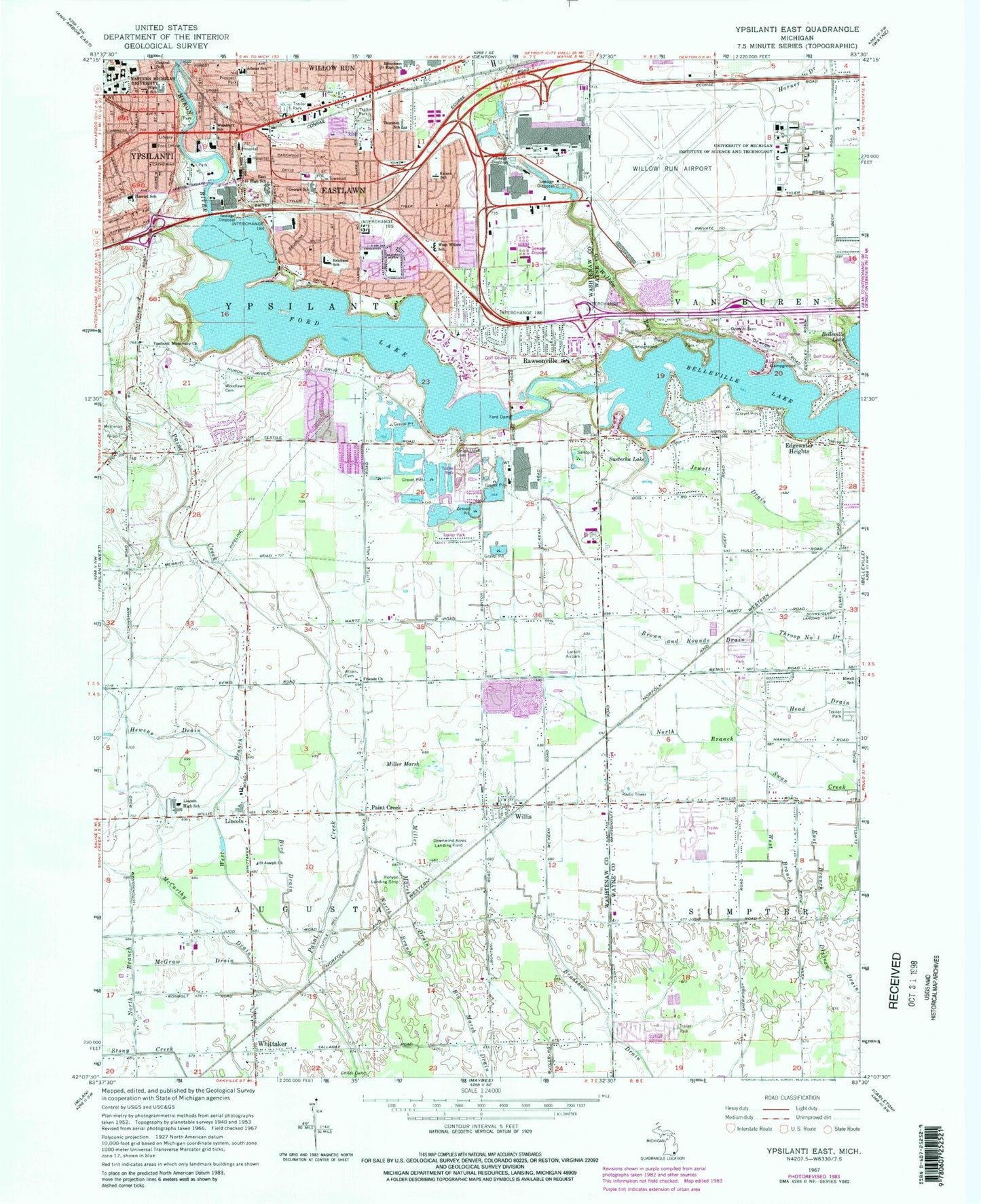 Classic USGS Ypsilanti East Michigan 7.5'x7.5' Topo Map Image