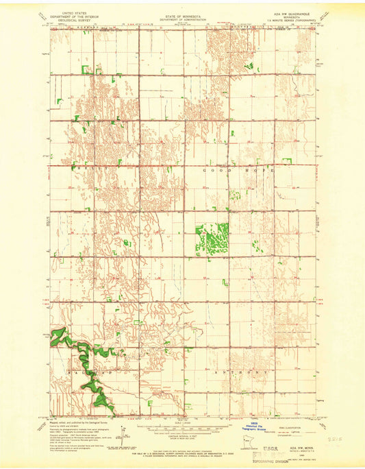 Classic USGS Ada NW Minnesota 7.5'x7.5' Topo Map Image