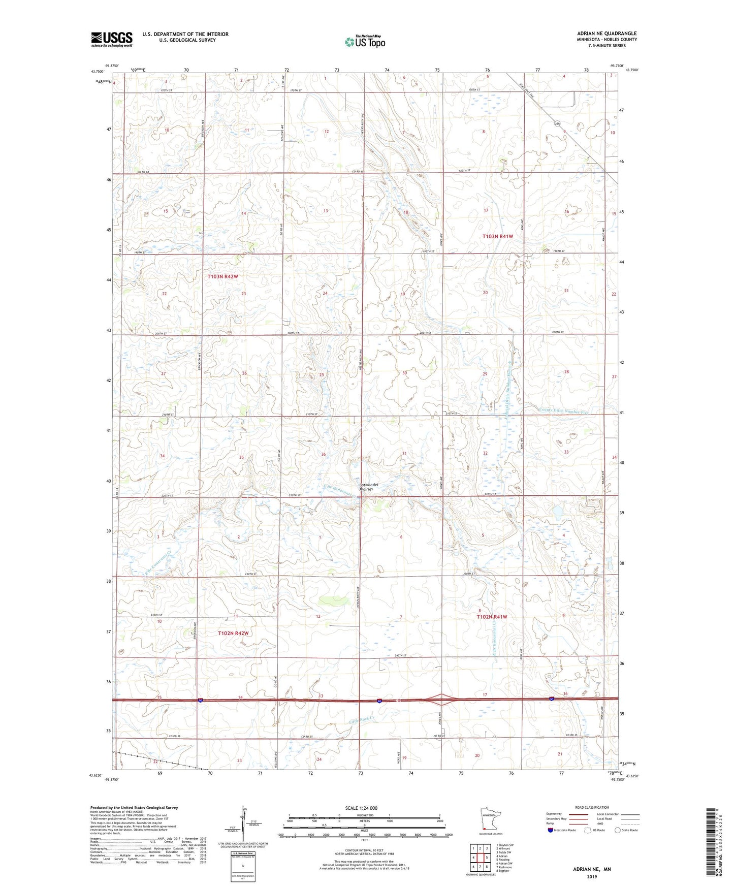 Adrian NE Minnesota US Topo Map Image