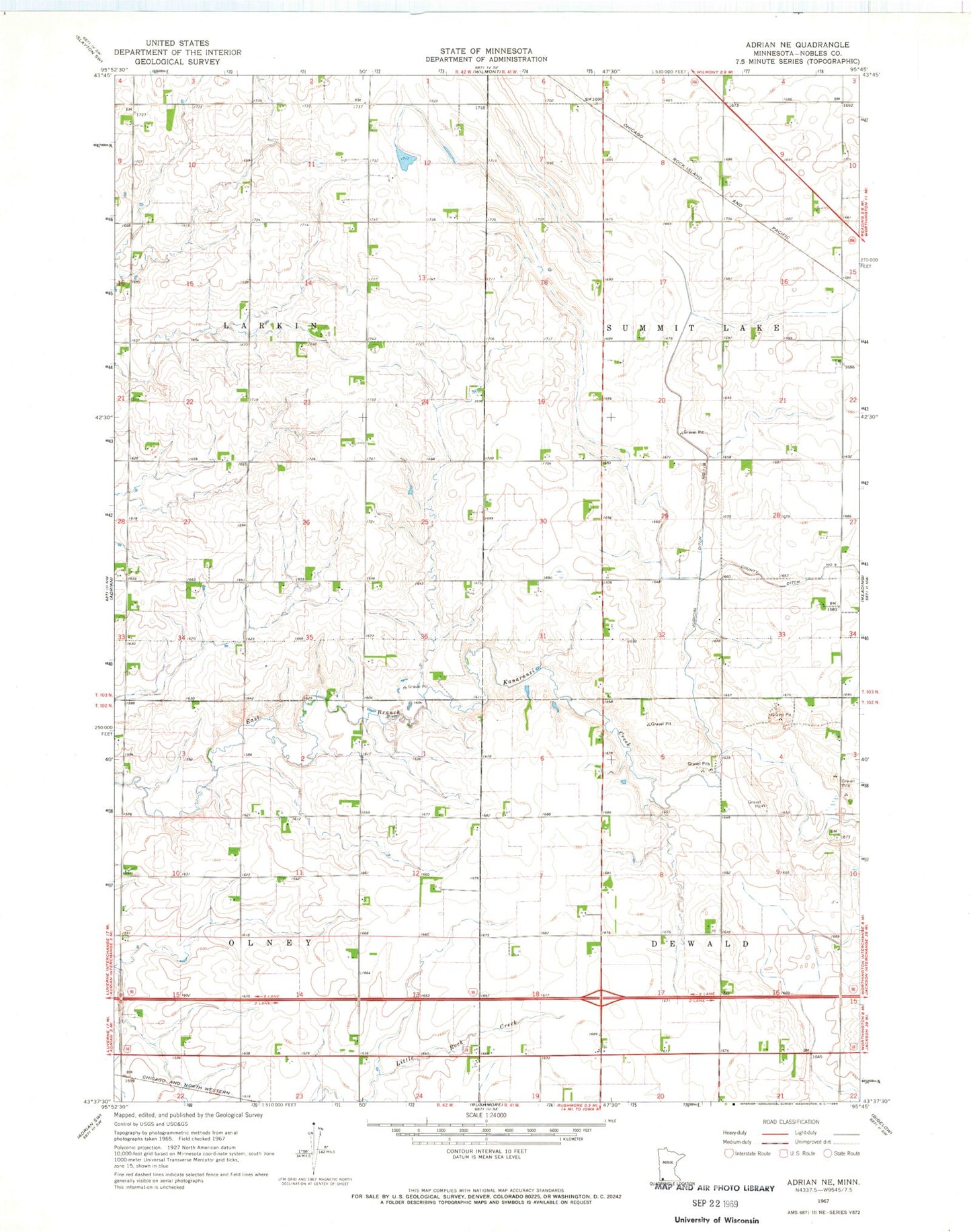 Classic USGS Adrian NE Minnesota 7.5'x7.5' Topo Map Image