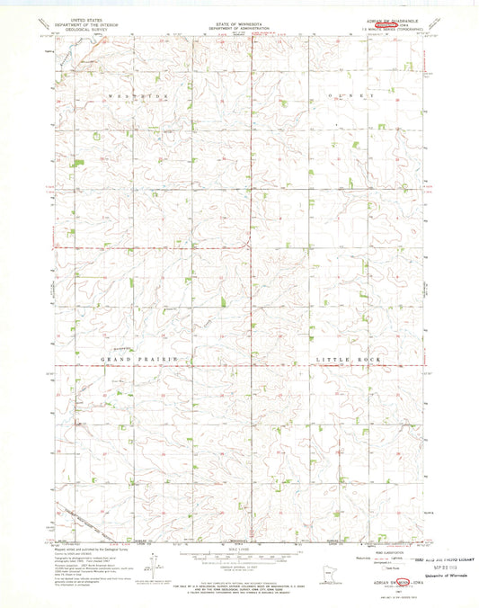Classic USGS Adrian SW Minnesota 7.5'x7.5' Topo Map Image