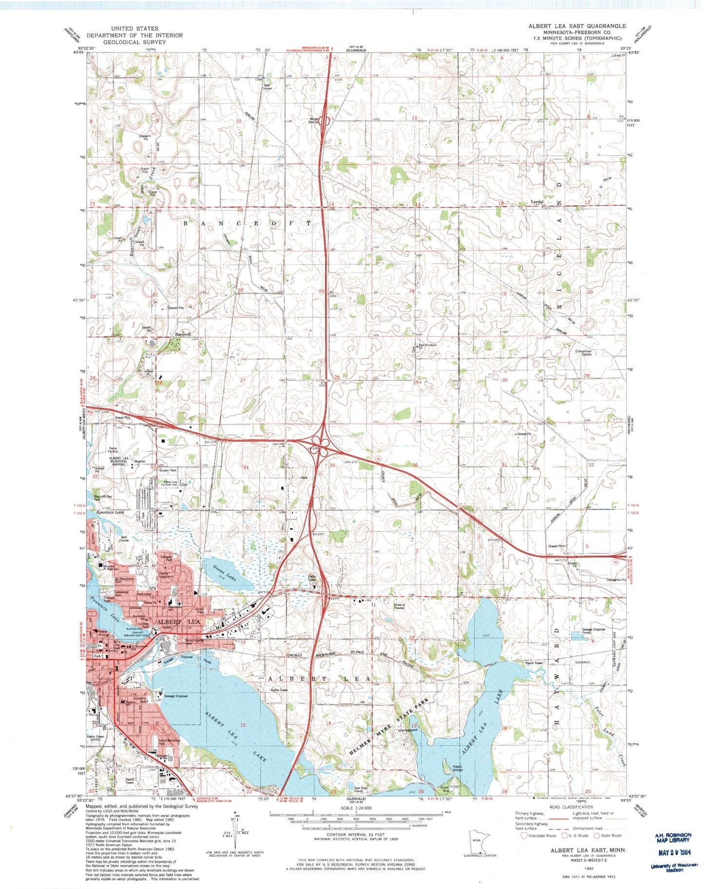 Classic USGS Albert Lea East Minnesota 7.5'x7.5' Topo Map Image