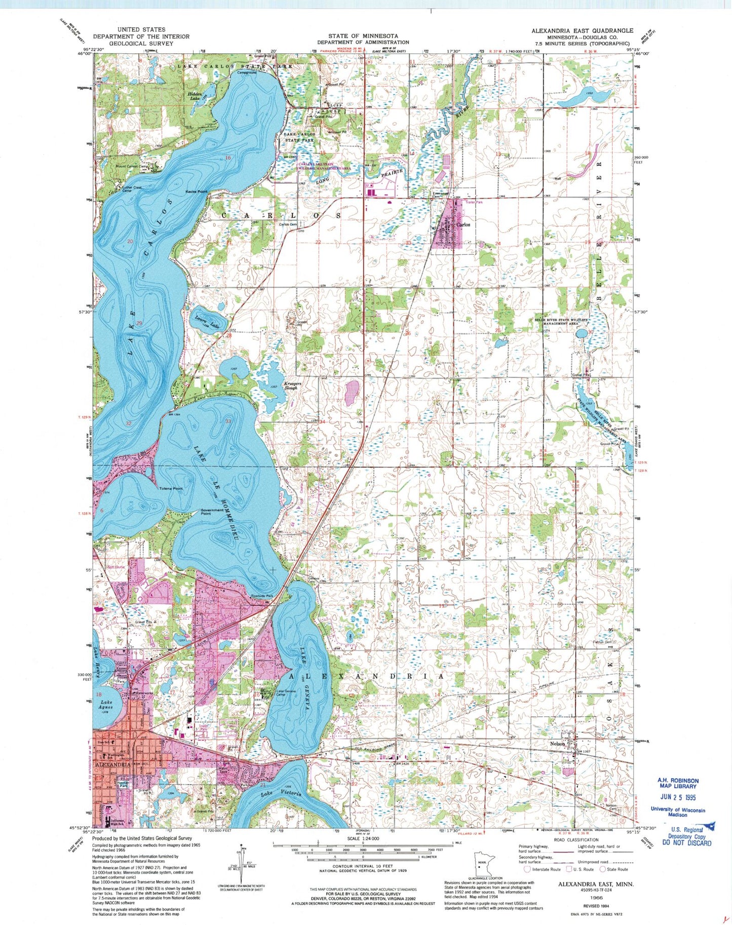 Classic USGS Alexandria East Minnesota 7.5'x7.5' Topo Map Image