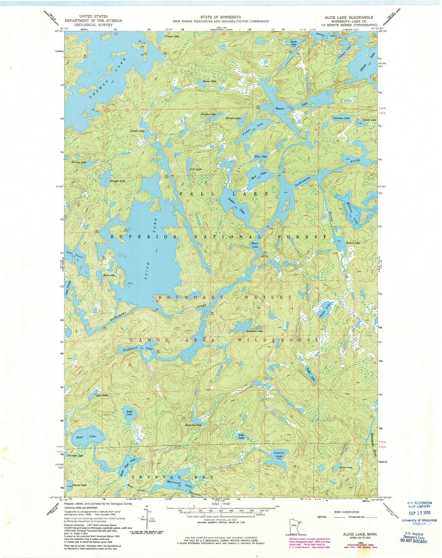 Classic USGS Alice Lake Minnesota 7.5'x7.5' Topo Map Image
