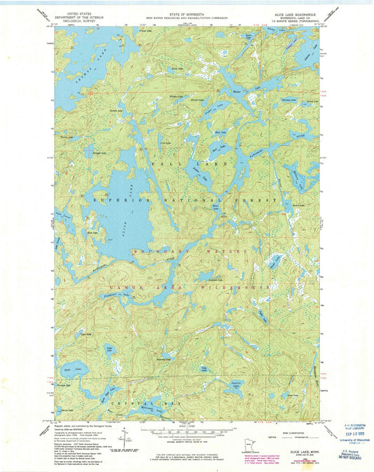 Classic USGS Alice Lake Minnesota 7.5'x7.5' Topo Map Image