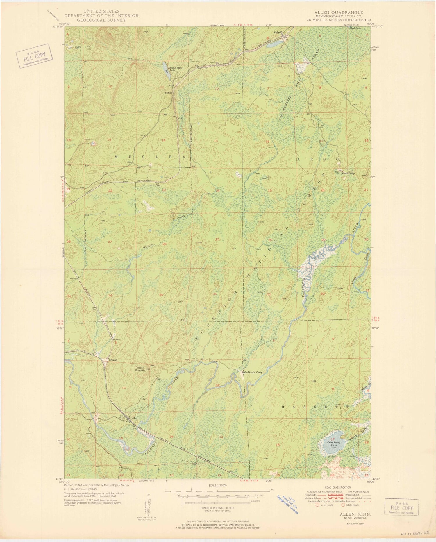 Classic USGS Allen Minnesota 7.5'x7.5' Topo Map Image