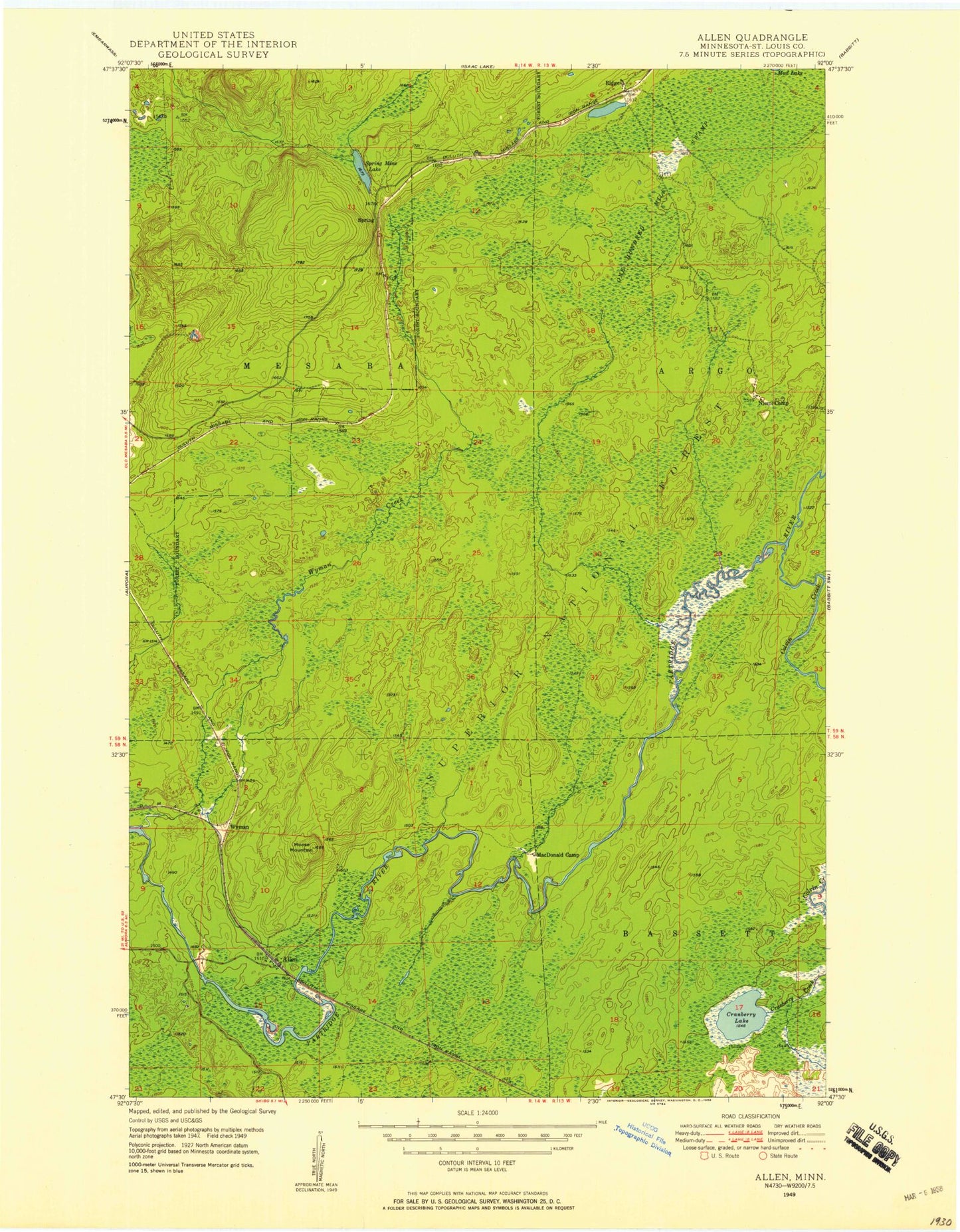 Classic USGS Allen Minnesota 7.5'x7.5' Topo Map Image