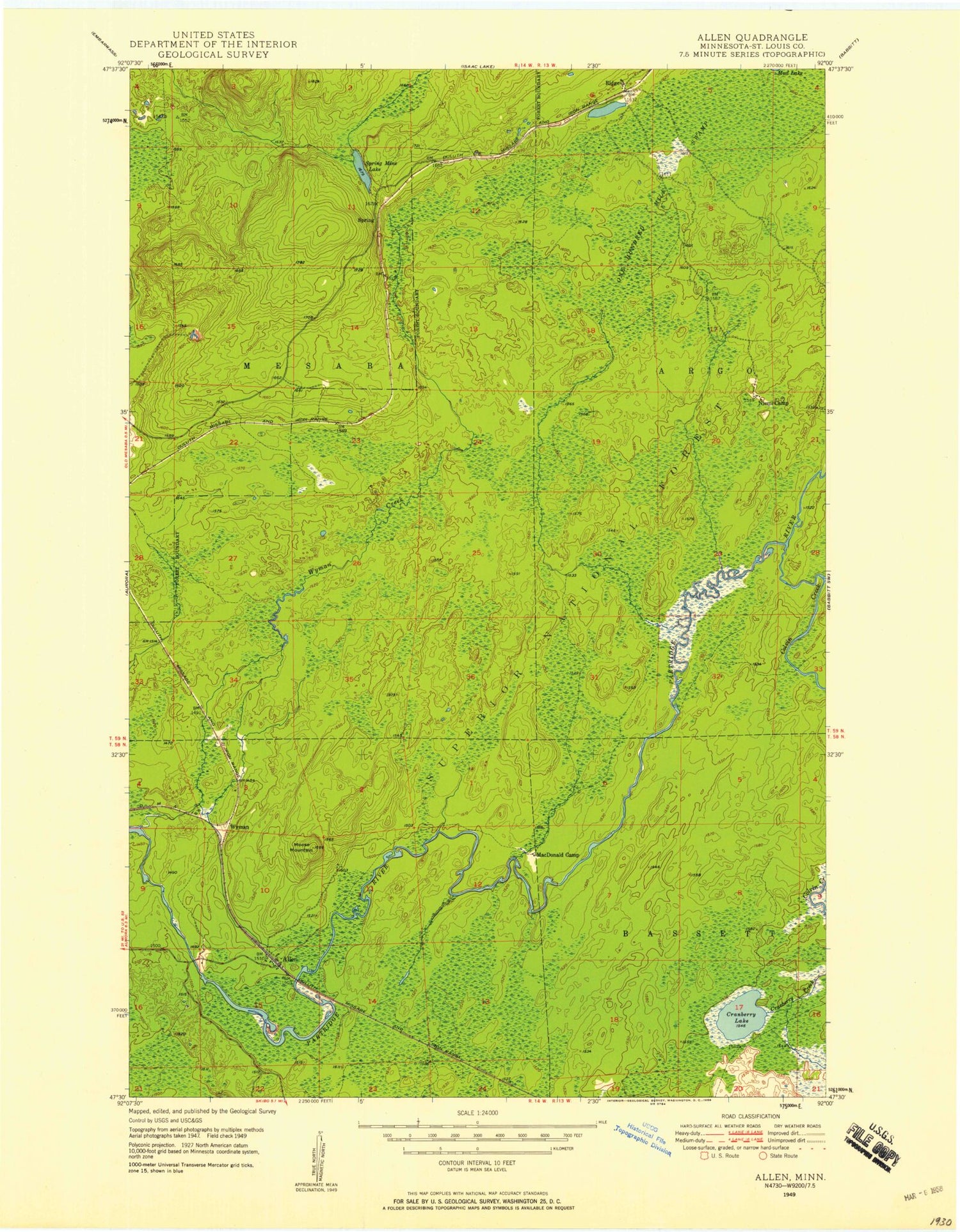 Classic USGS Allen Minnesota 7.5'x7.5' Topo Map Image