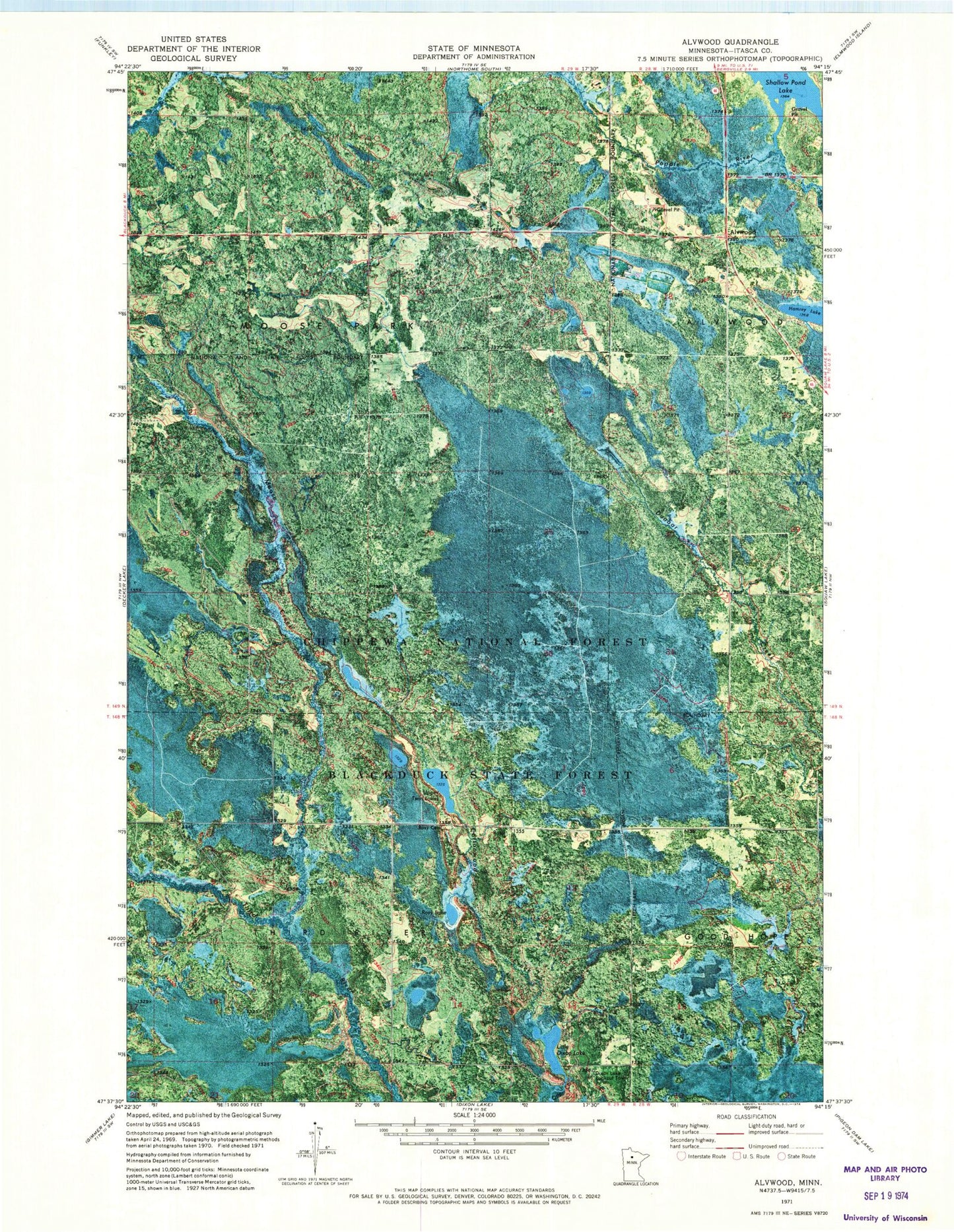 Classic USGS Alvwood Minnesota 7.5'x7.5' Topo Map Image