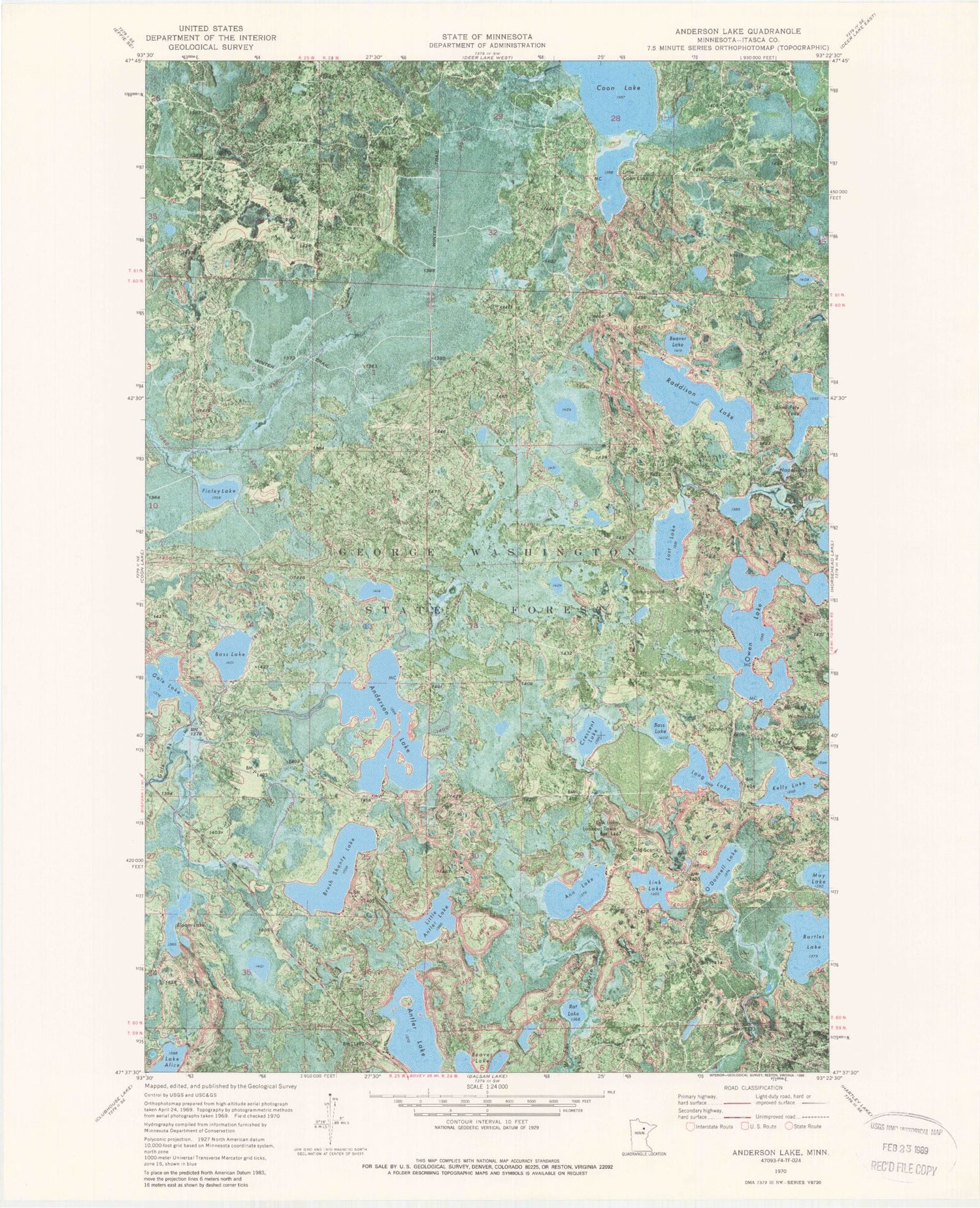 Classic USGS Anderson Lake Minnesota 7.5'x7.5' Topo Map Image