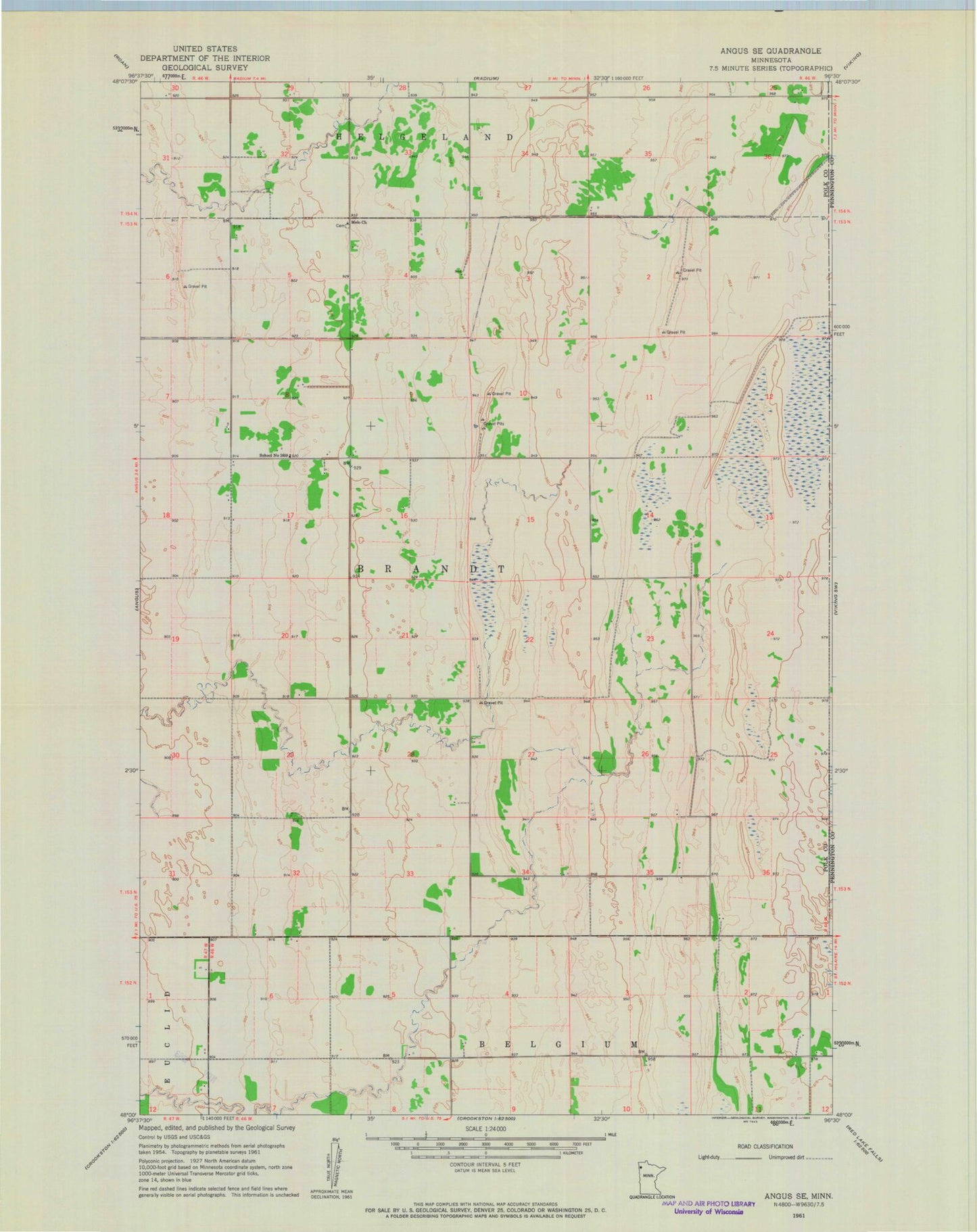 Classic USGS Angus SE Minnesota 7.5'x7.5' Topo Map Image