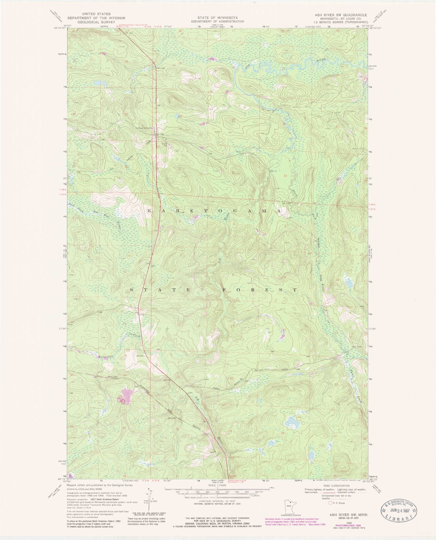 Classic USGS Ash River SW Minnesota 7.5'x7.5' Topo Map Image