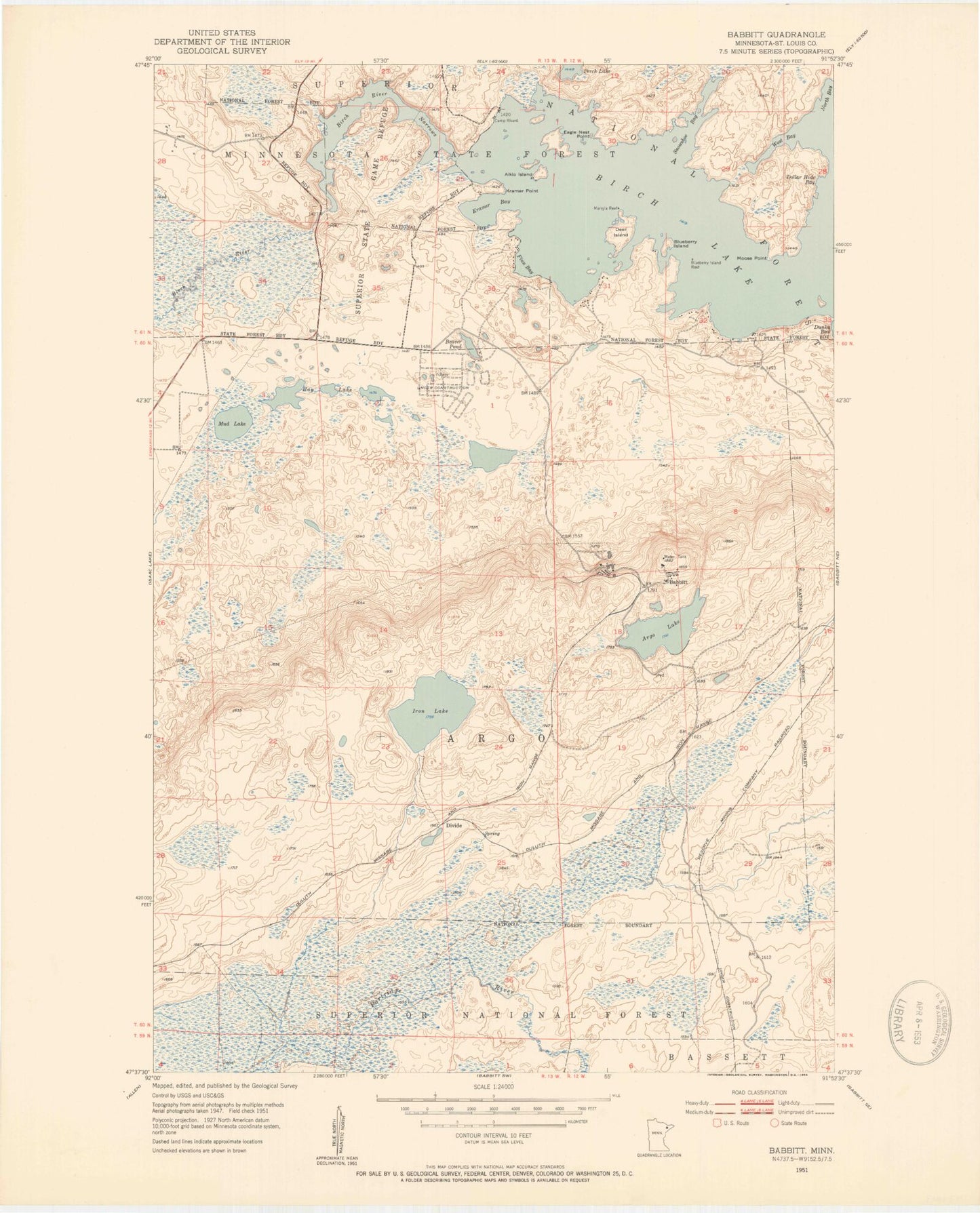 Classic USGS Babbitt Minnesota 7.5'x7.5' Topo Map Image