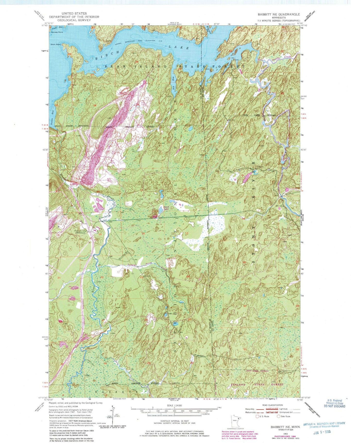 Classic USGS Babbitt NE Minnesota 7.5'x7.5' Topo Map Image