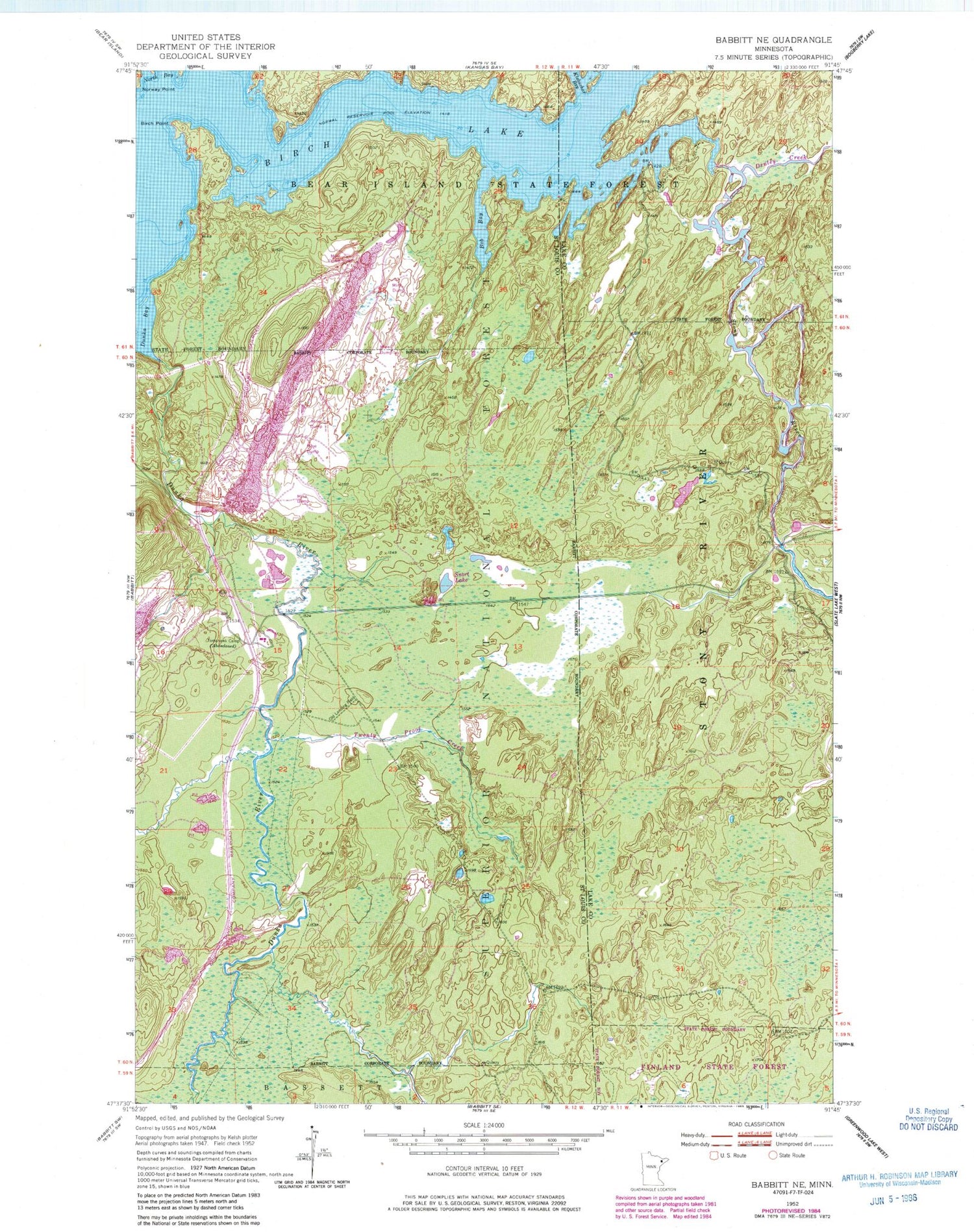 Classic USGS Babbitt NE Minnesota 7.5'x7.5' Topo Map Image
