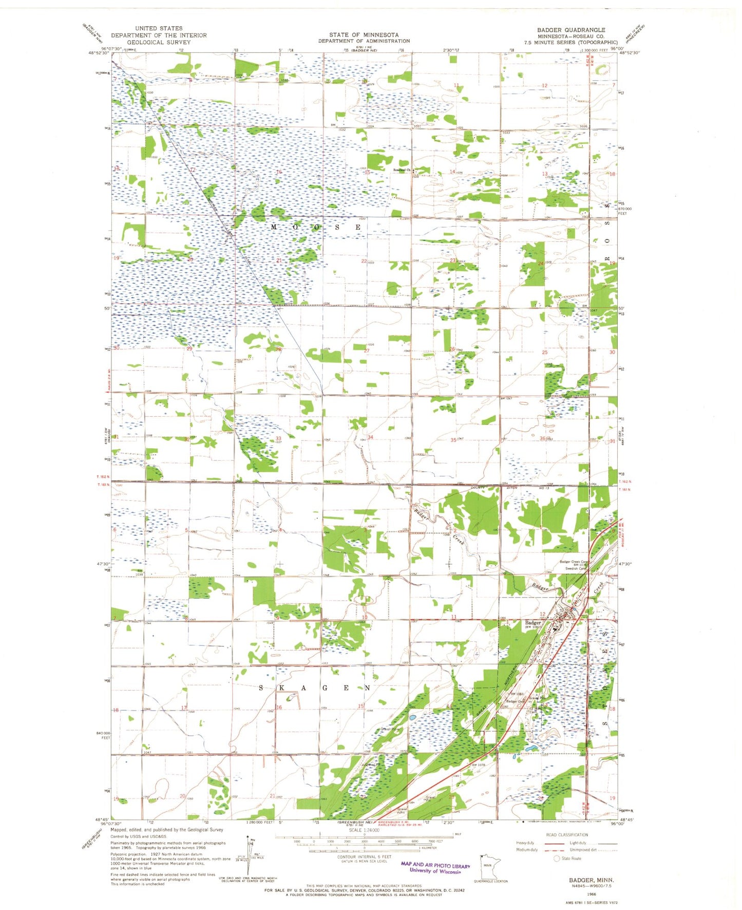 Classic USGS Badger Minnesota 7.5'x7.5' Topo Map Image