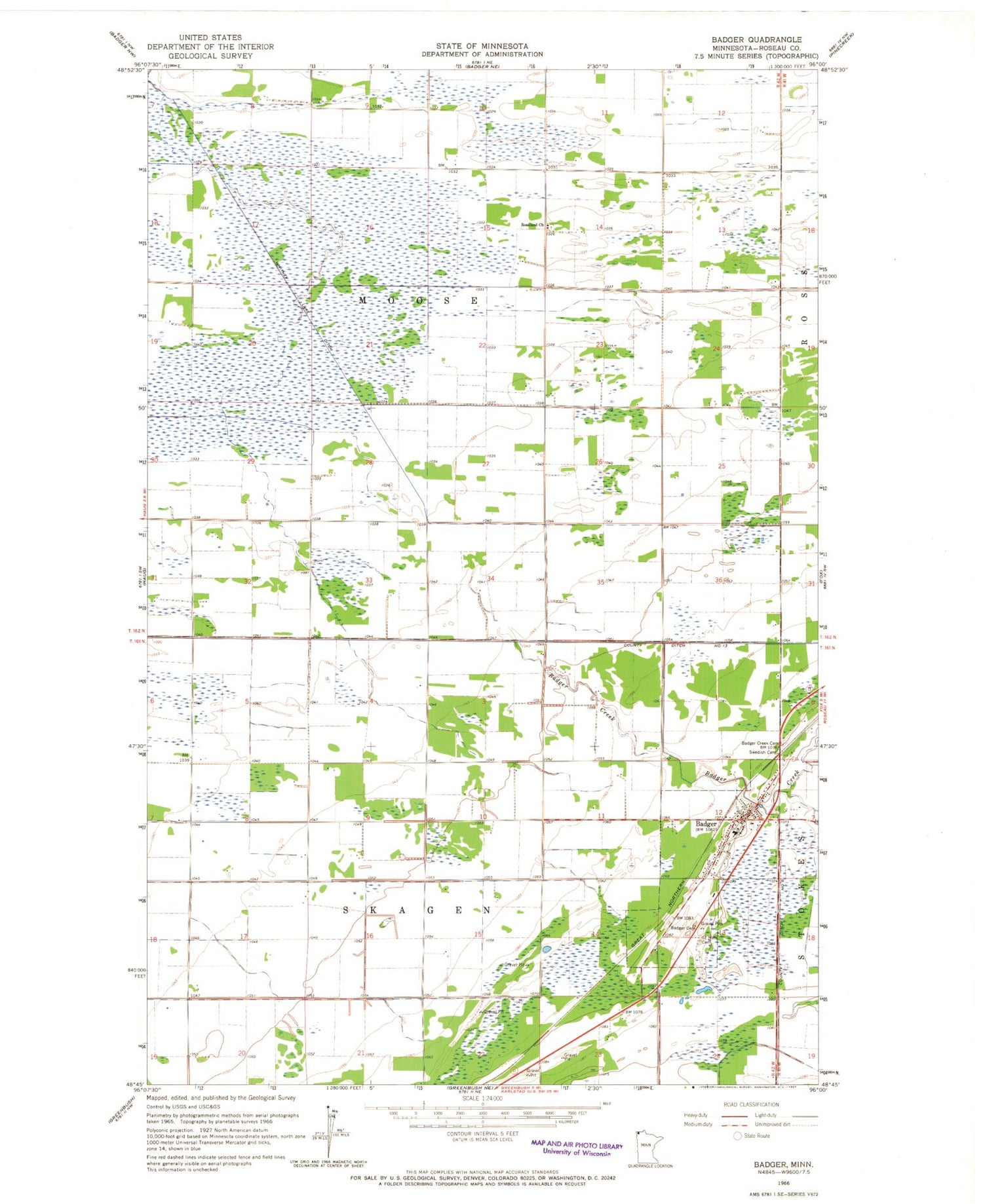 Classic USGS Badger Minnesota 7.5'x7.5' Topo Map Image