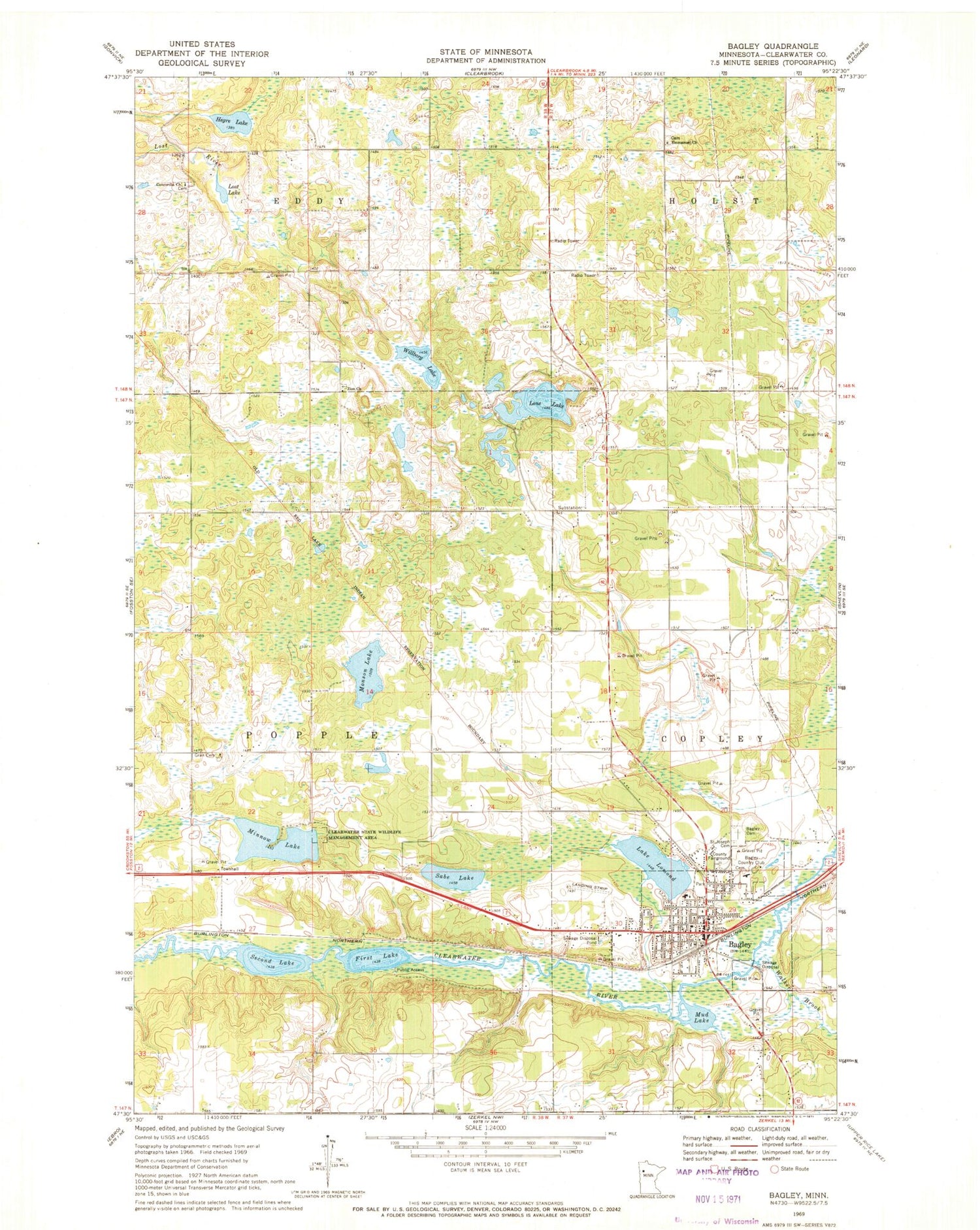 Classic USGS Bagley Minnesota 7.5'x7.5' Topo Map Image