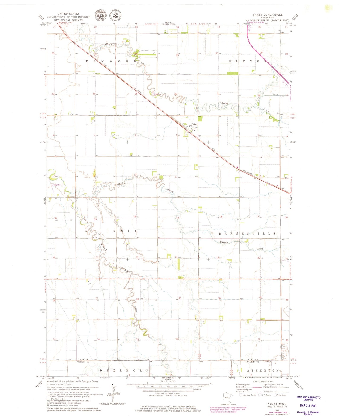 Classic USGS Baker Minnesota 7.5'x7.5' Topo Map Image