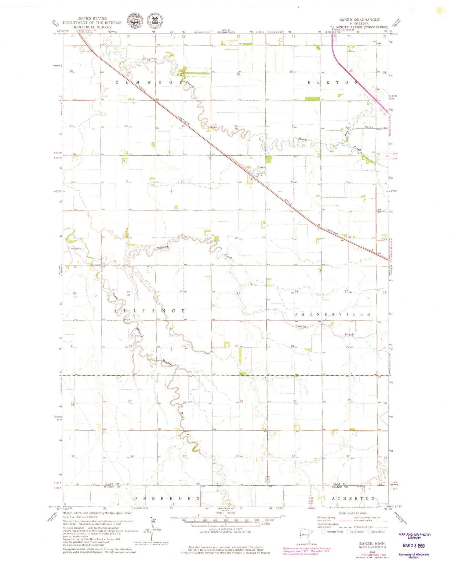 Classic USGS Baker Minnesota 7.5'x7.5' Topo Map Image