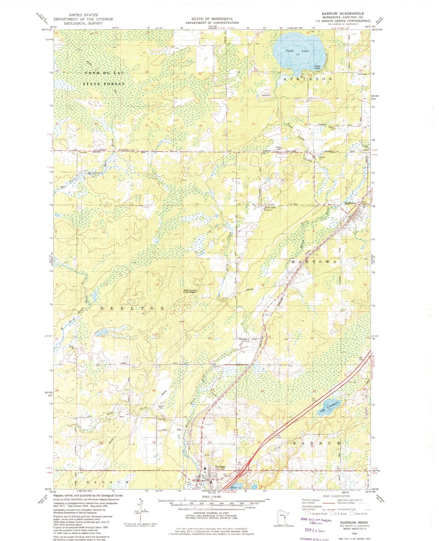Classic USGS Barnum Minnesota 7.5'x7.5' Topo Map Image
