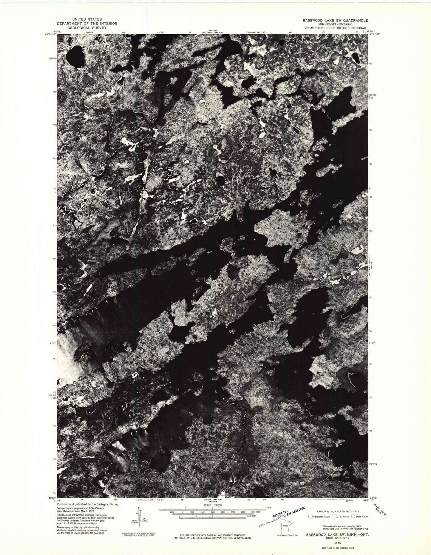 Classic USGS Basswood Lake West Minnesota 7.5'x7.5' Topo Map Image