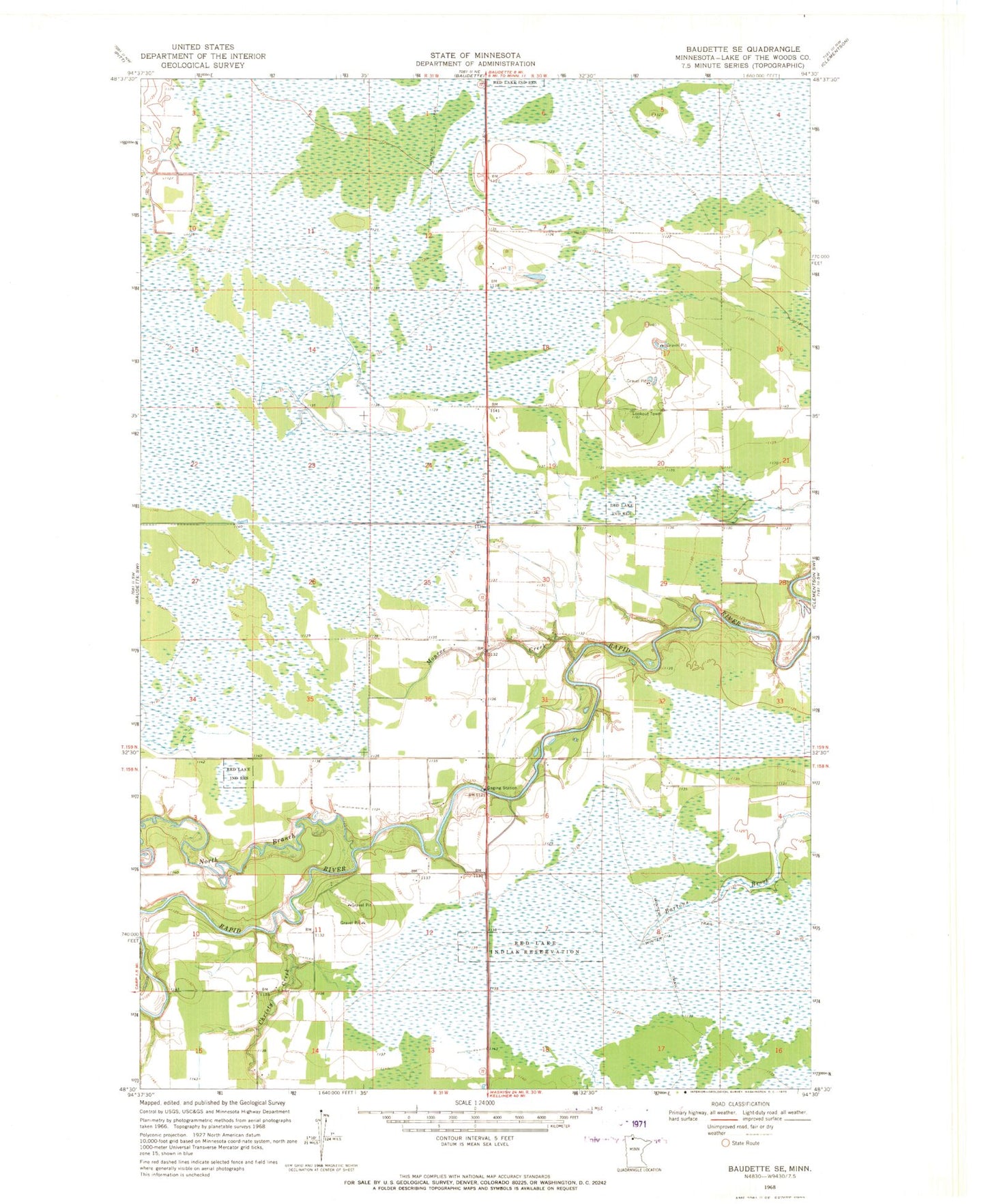 Classic USGS Baudette SE Minnesota 7.5'x7.5' Topo Map Image
