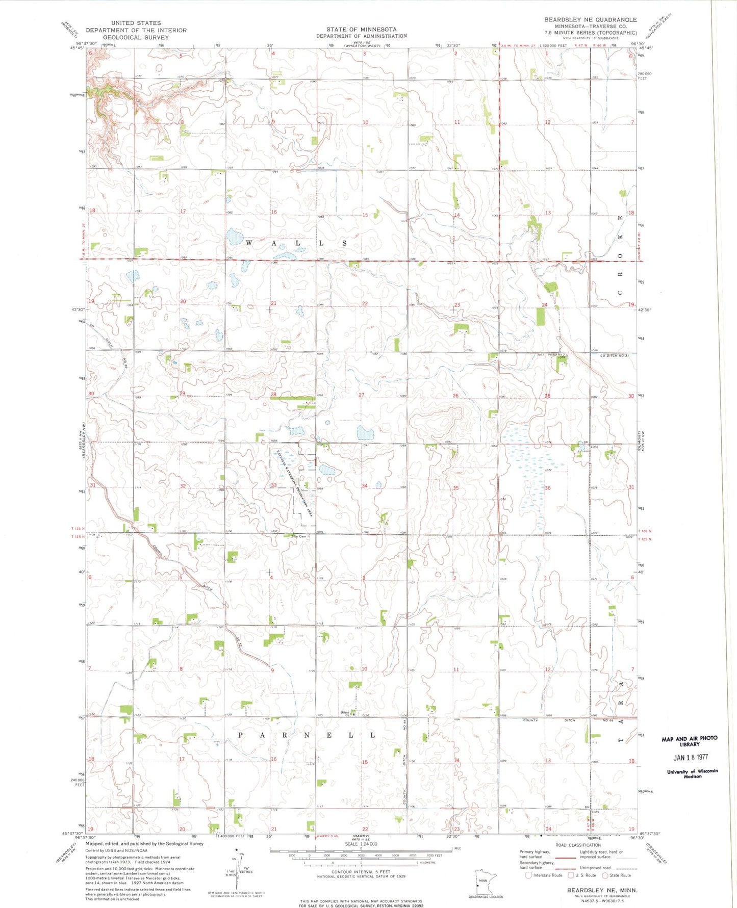 Classic USGS Beardsley NE Minnesota 7.5'x7.5' Topo Map Image