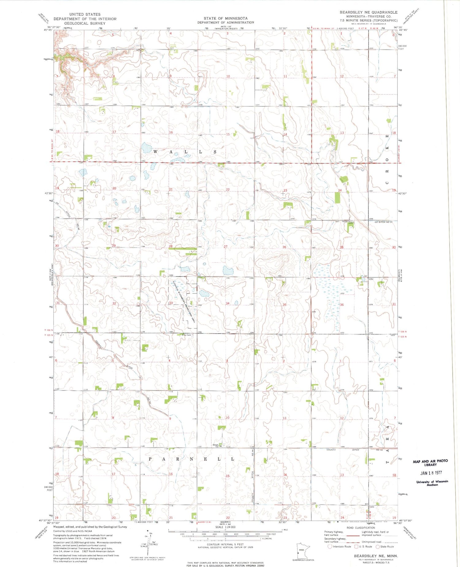 Classic USGS Beardsley NE Minnesota 7.5'x7.5' Topo Map Image