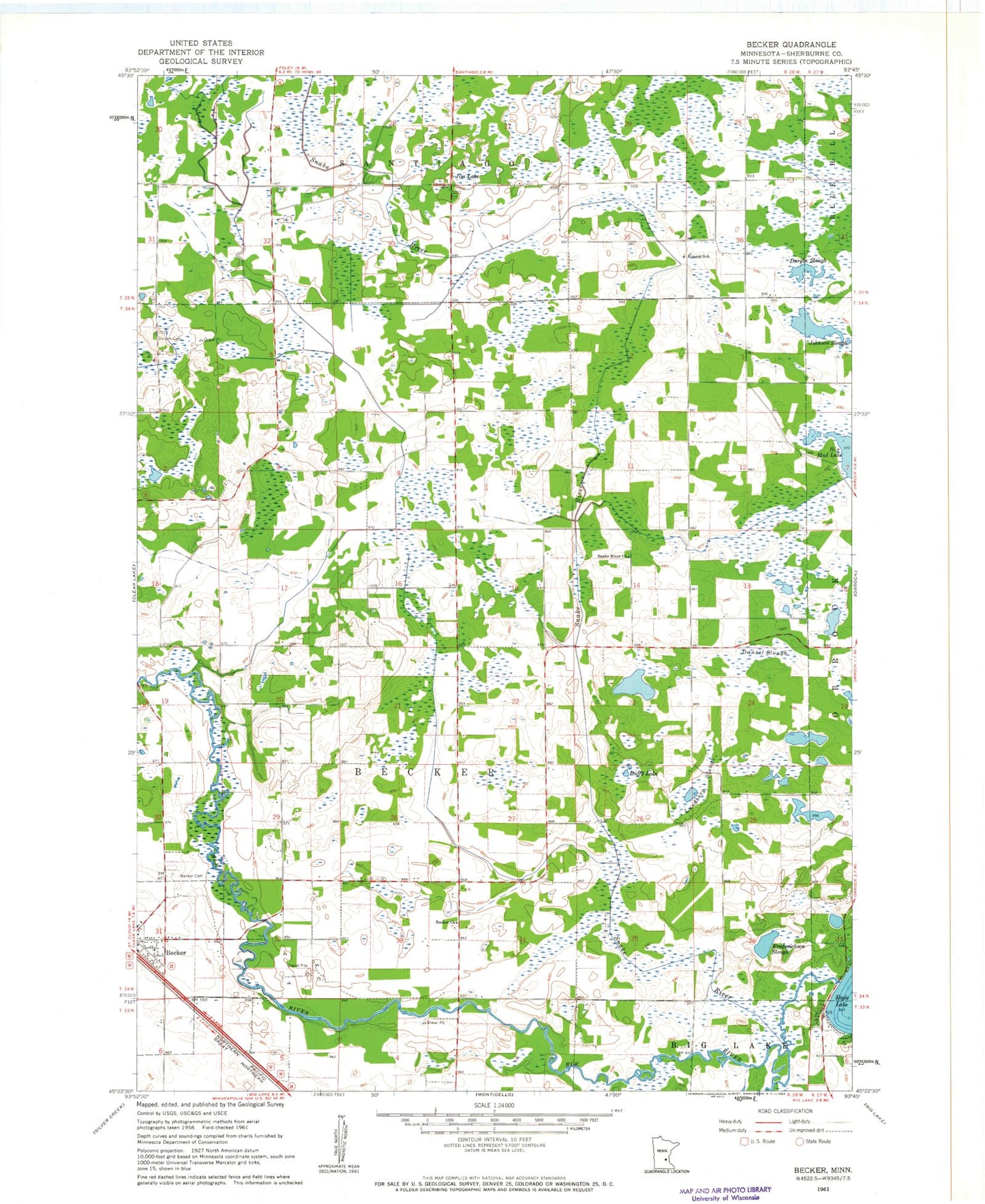 Classic USGS Becker Minnesota 7.5'x7.5' Topo Map Image