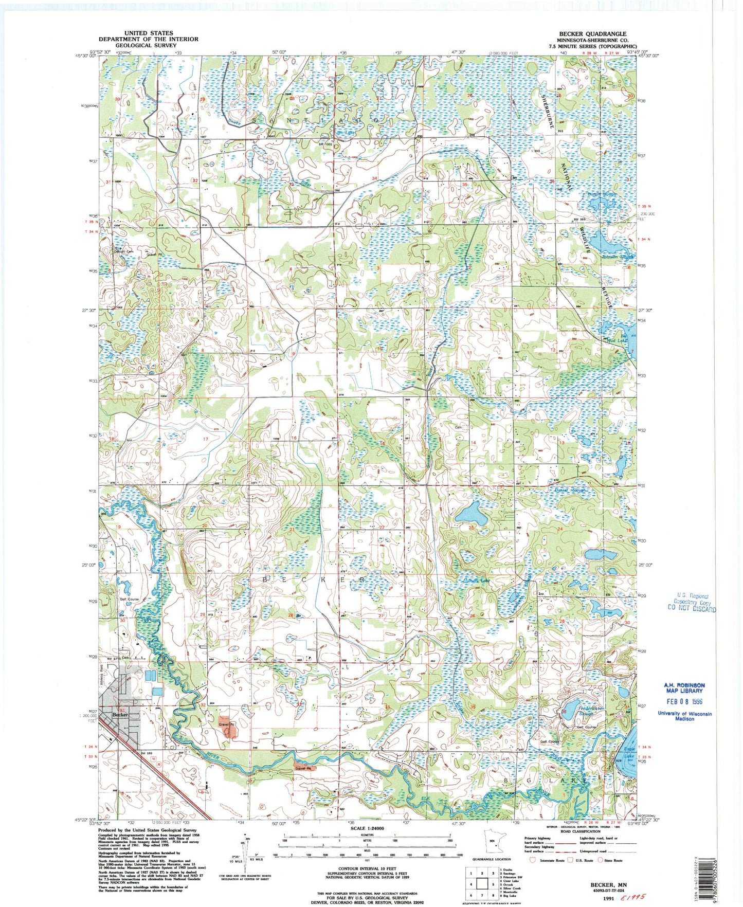 Classic USGS Becker Minnesota 7.5'x7.5' Topo Map Image