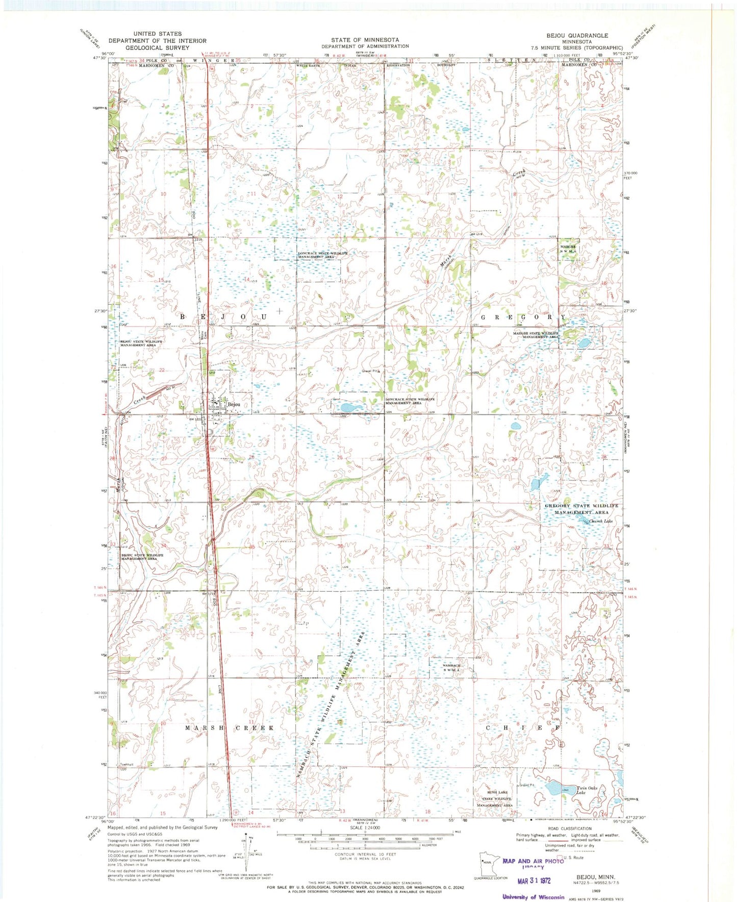 Classic USGS Bejou Minnesota 7.5'x7.5' Topo Map Image