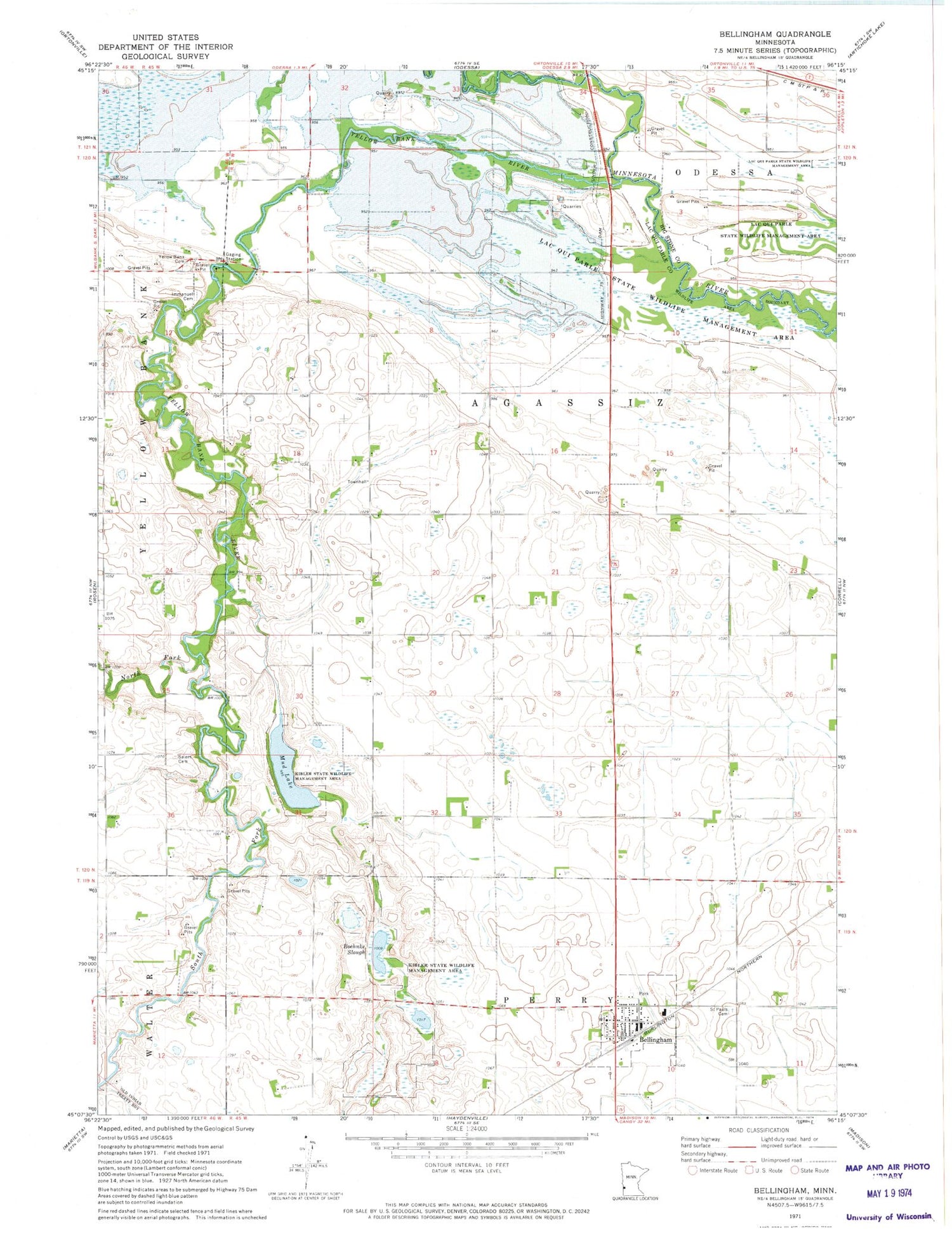Classic USGS Bellingham Minnesota 7.5'x7.5' Topo Map Image