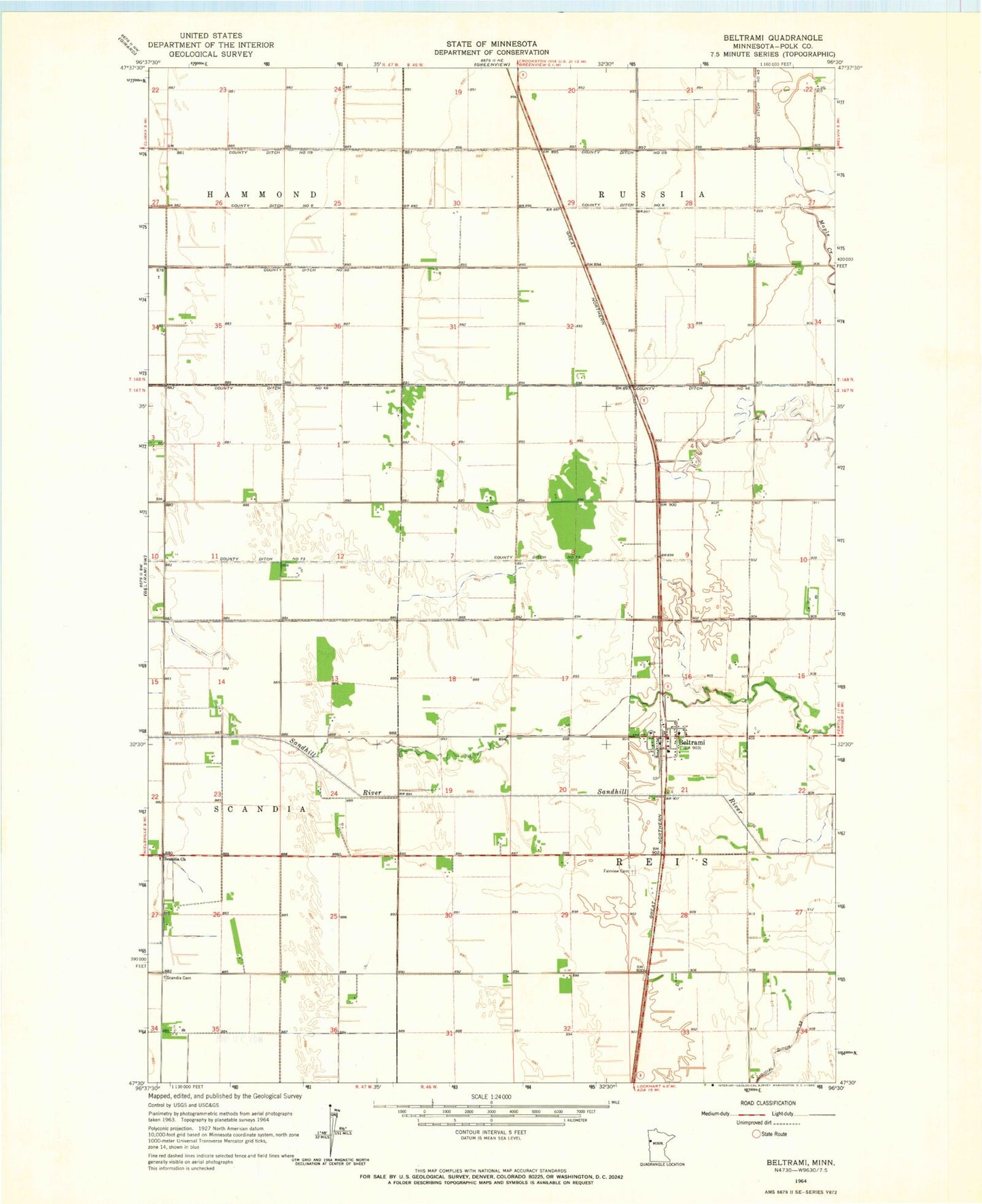 Classic USGS Beltrami Minnesota 7.5'x7.5' Topo Map Image