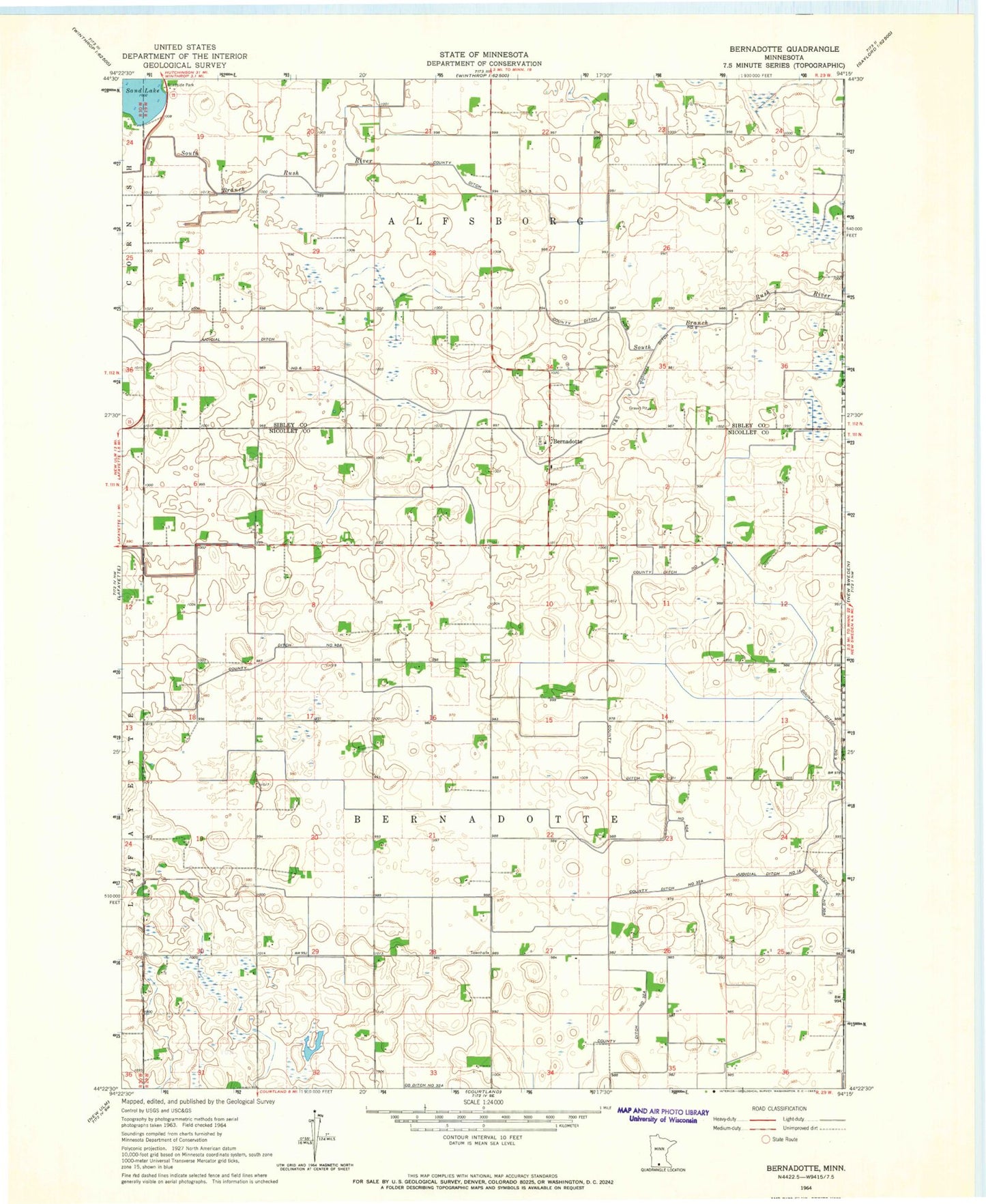 Classic USGS Bernadotte Minnesota 7.5'x7.5' Topo Map Image